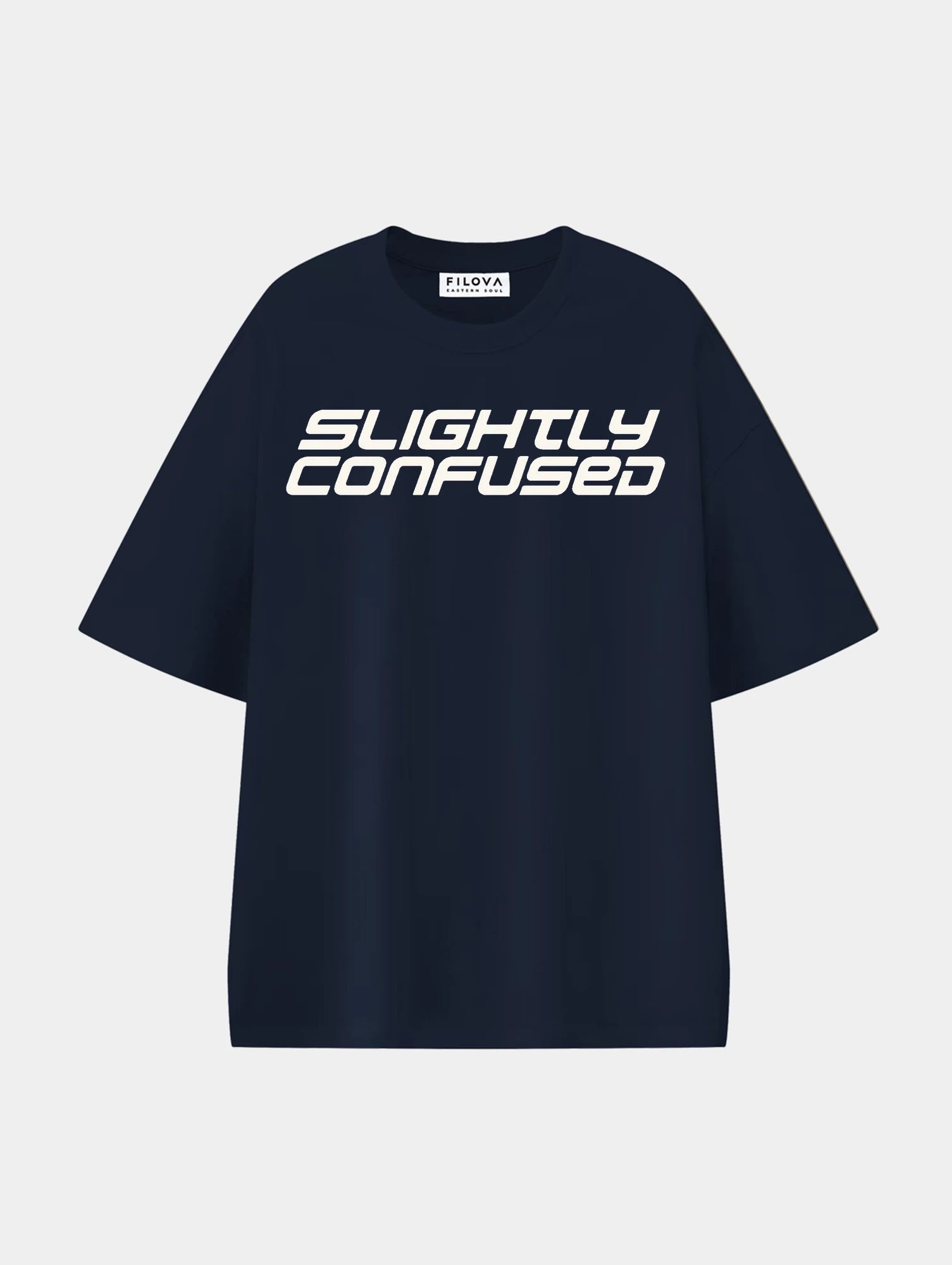 Slightly Confused Navy Blue graphic T-shirt, front view
