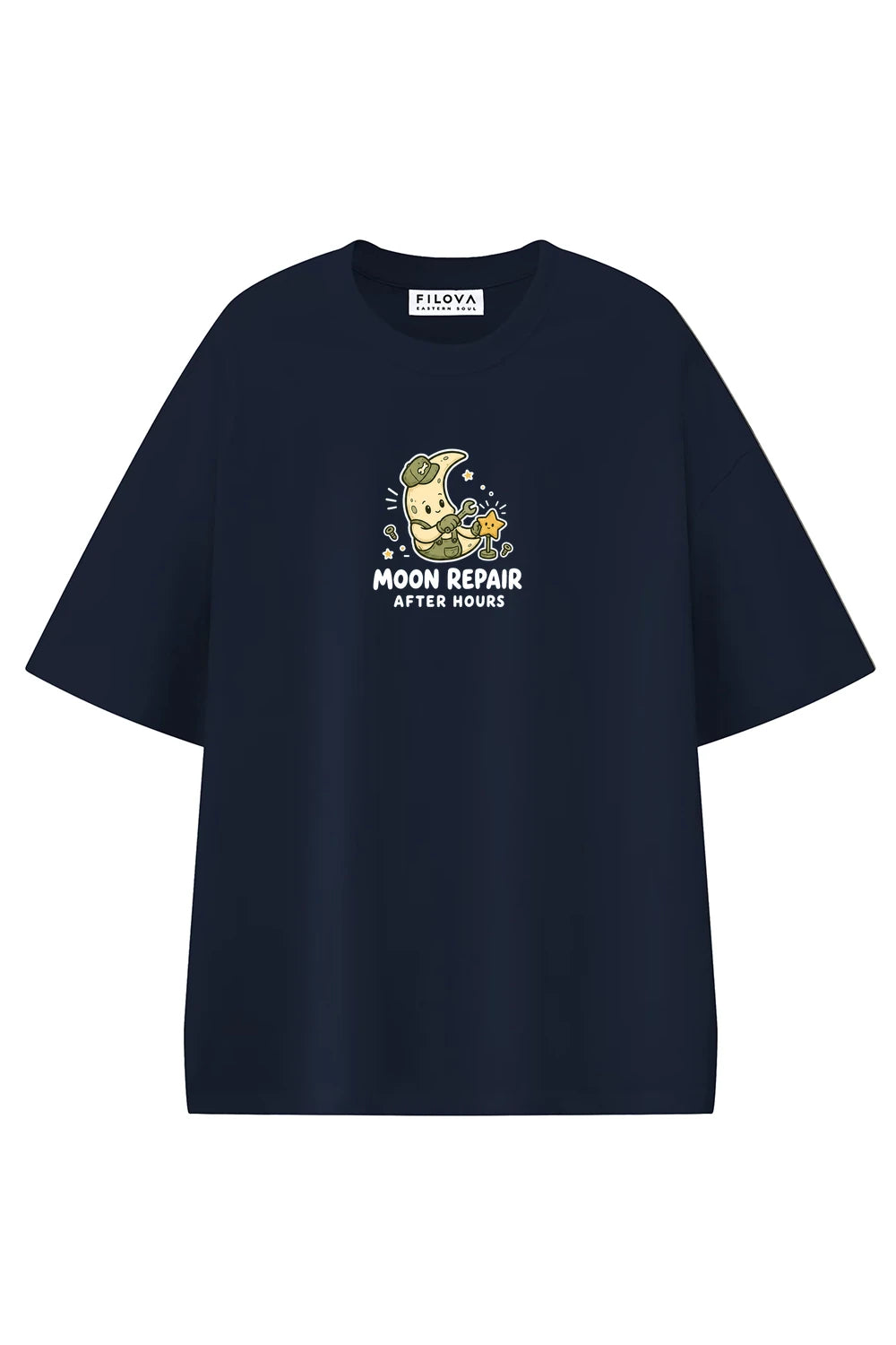 Moon Repair Navy Blue graphic T-shirt, front view