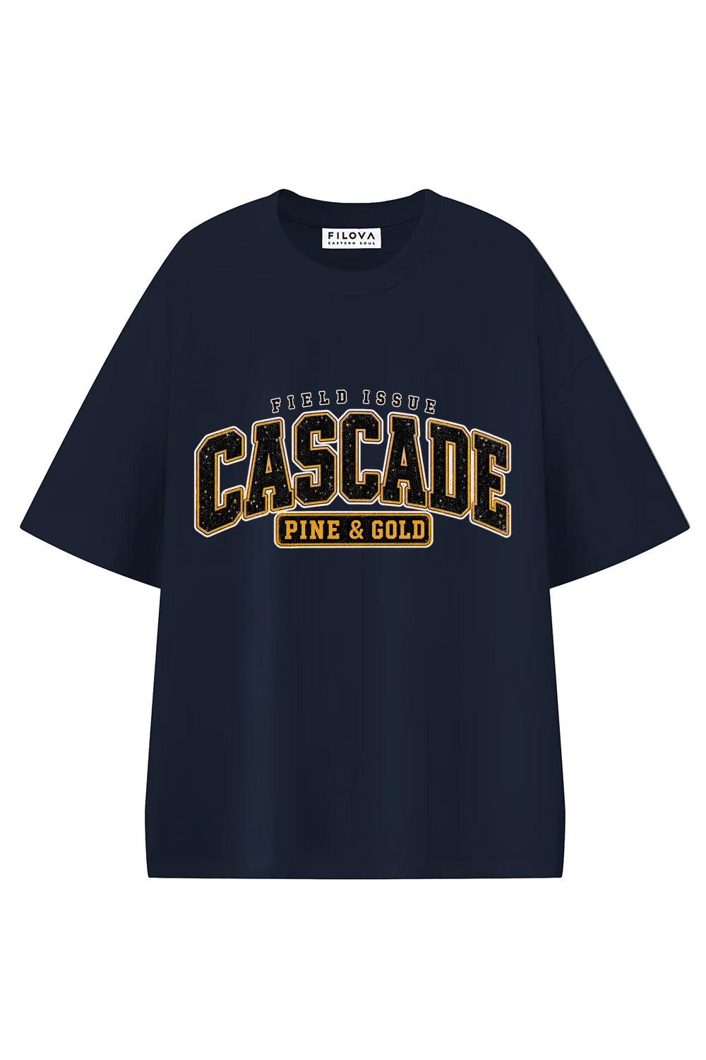 Cascade Pine Gold Navy Blue graphic T-shirt, front view