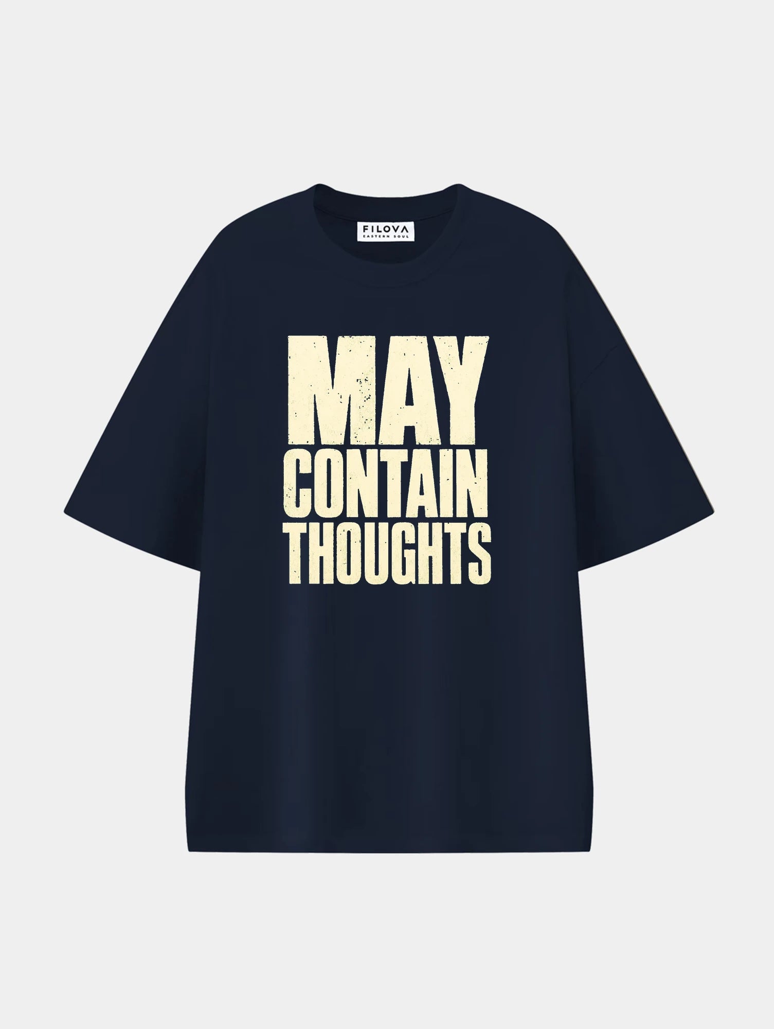 May Contain Thoughts Navy Blue graphic T-shirt, front view