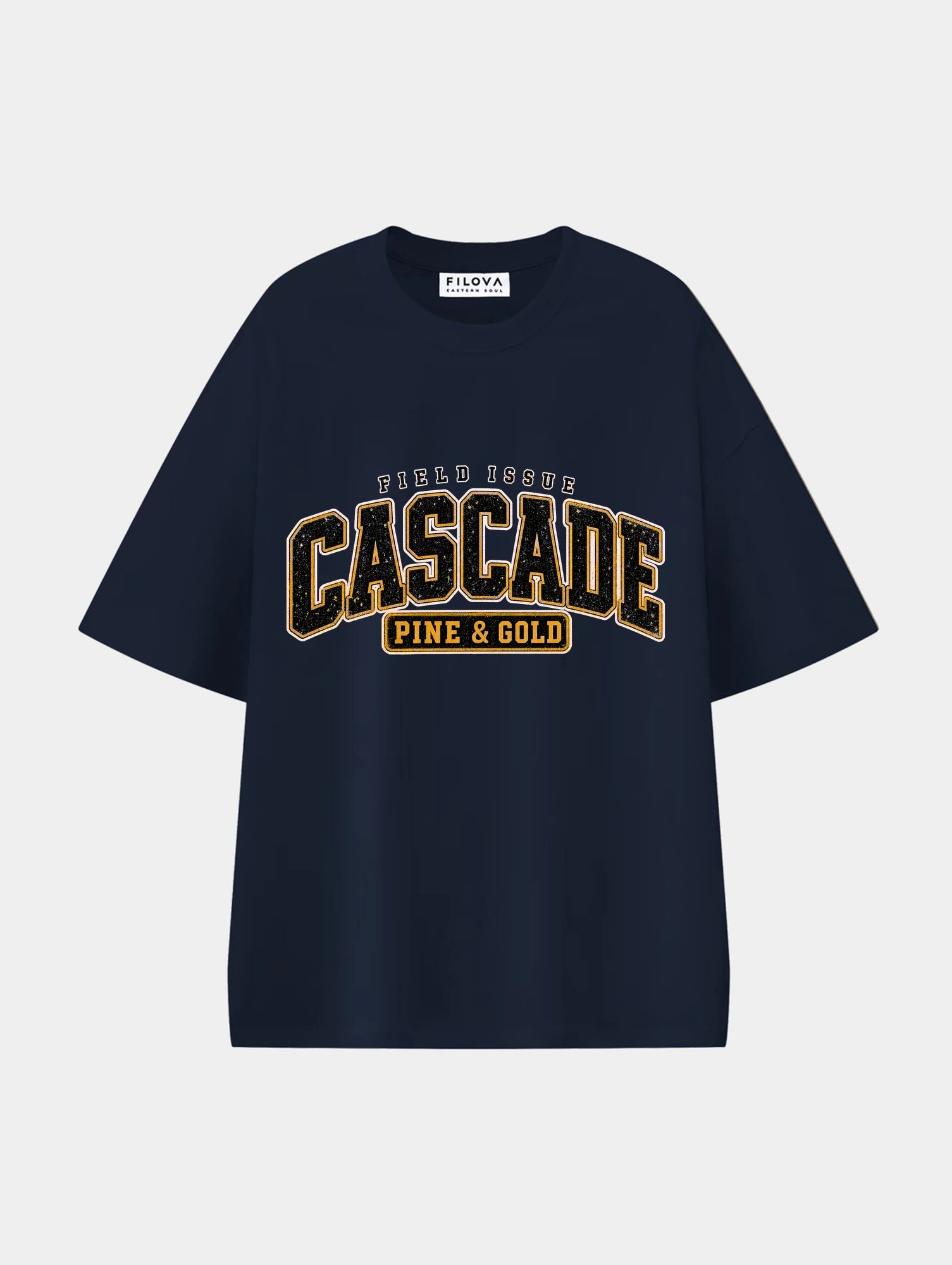 Cascade Pine Gold Navy Blue graphic T-shirt, front view
