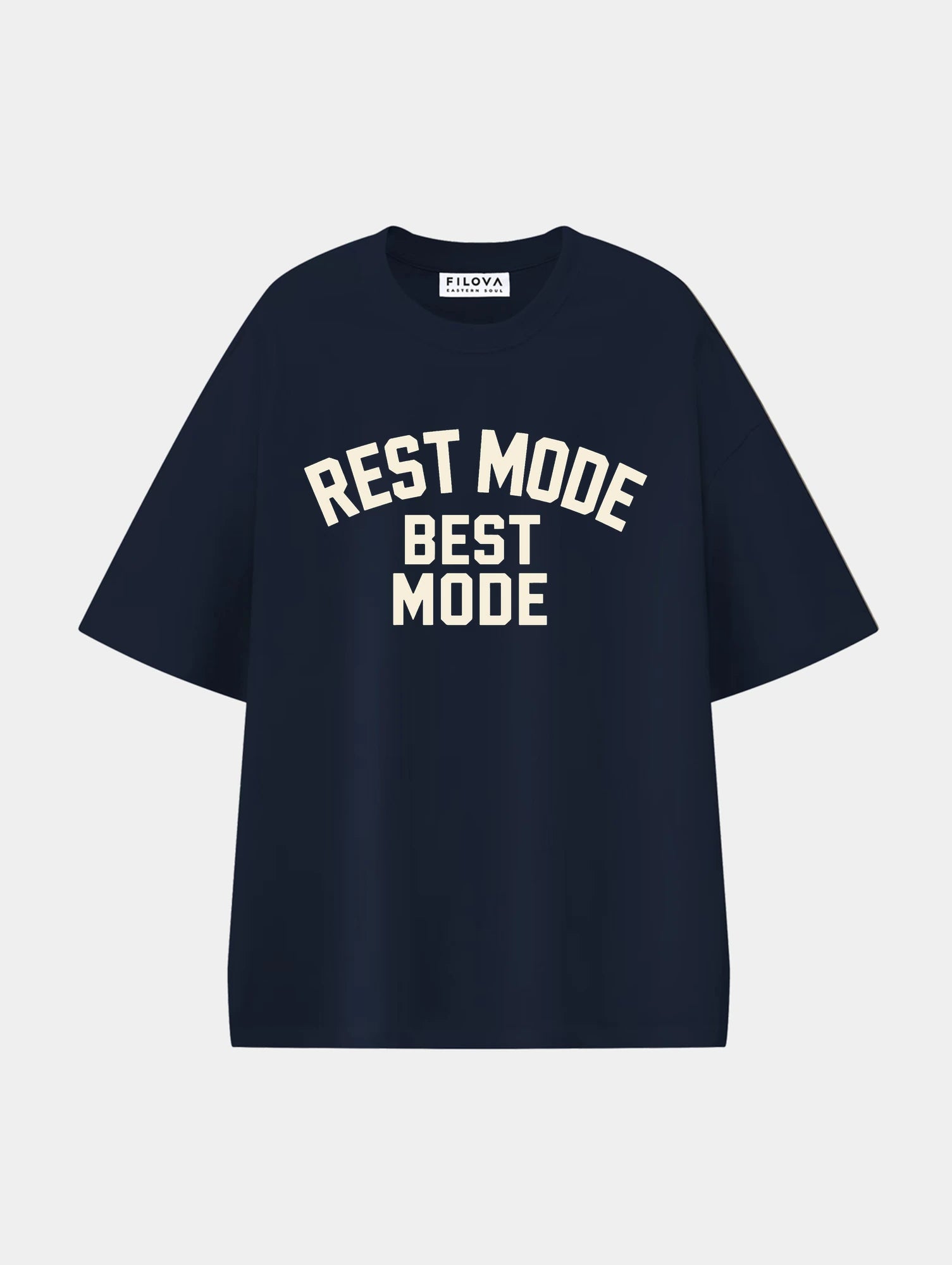 Rest Mode Best Mode Navy Blue graphic T-shirt, front view
