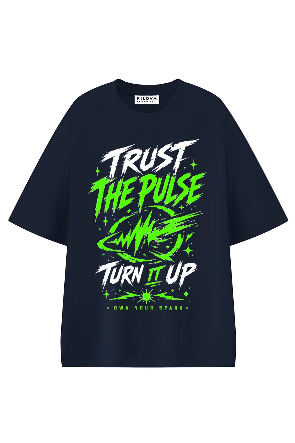 Trust The Pulse Navy Blue graphic T-shirt, front view