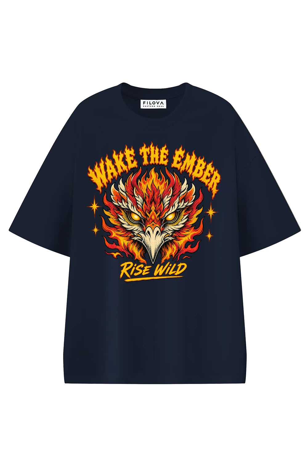 Wake The Ember Navy Blue graphic T-shirt, front view