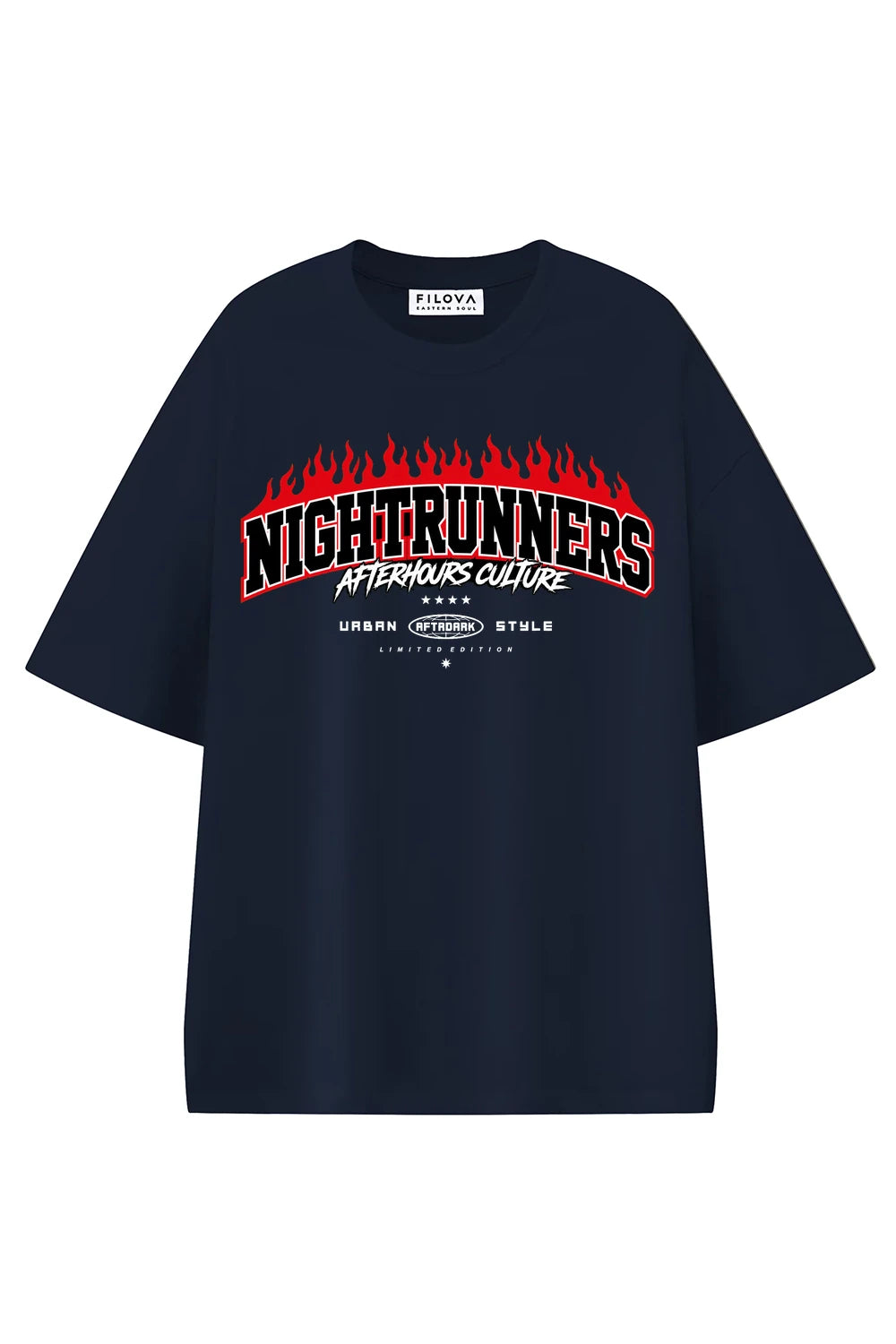 Nightrunners Navy Blue graphic T-shirt, front view