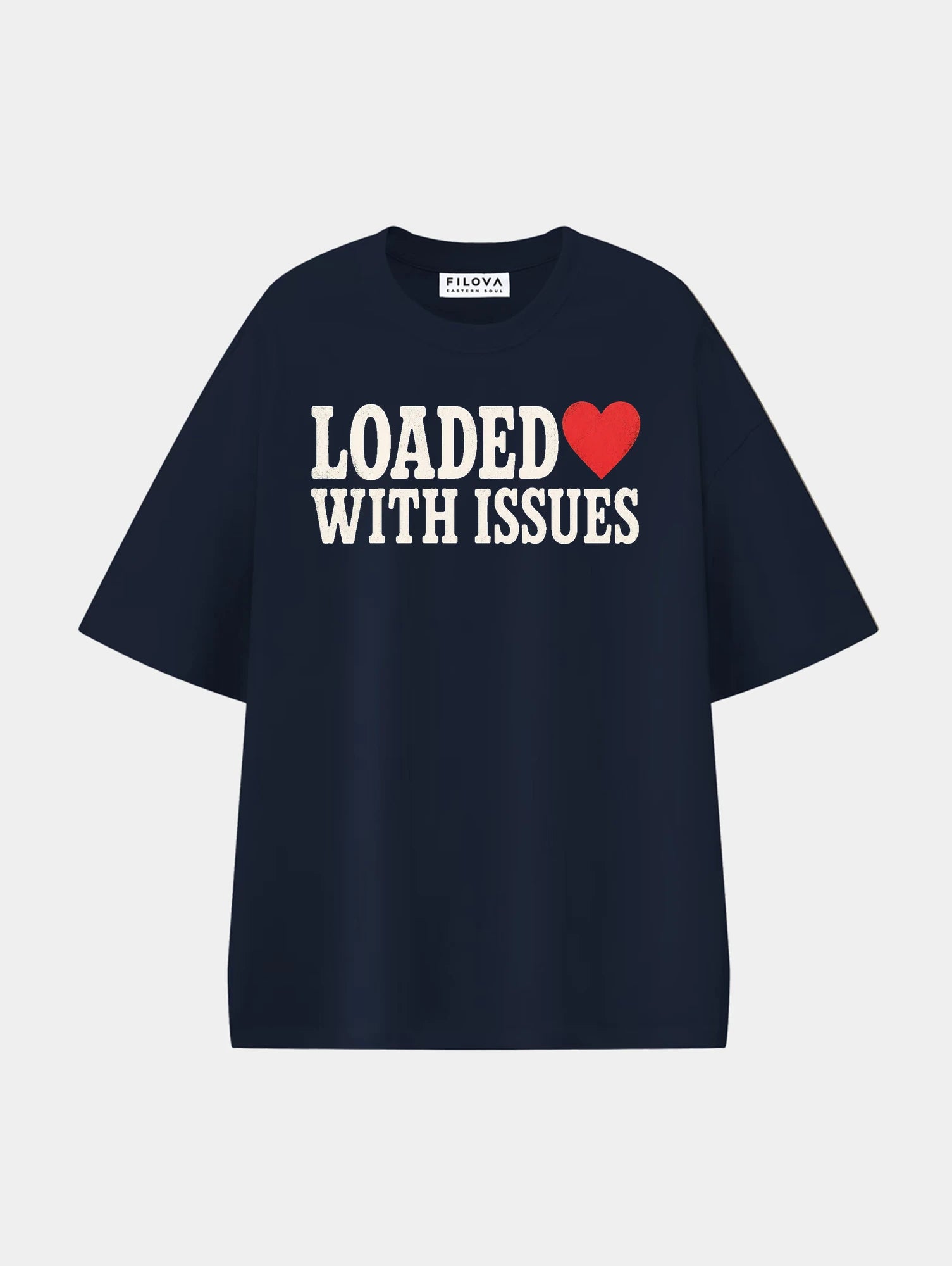 Loaded With Issues Navy Blue graphic T-shirt, front view