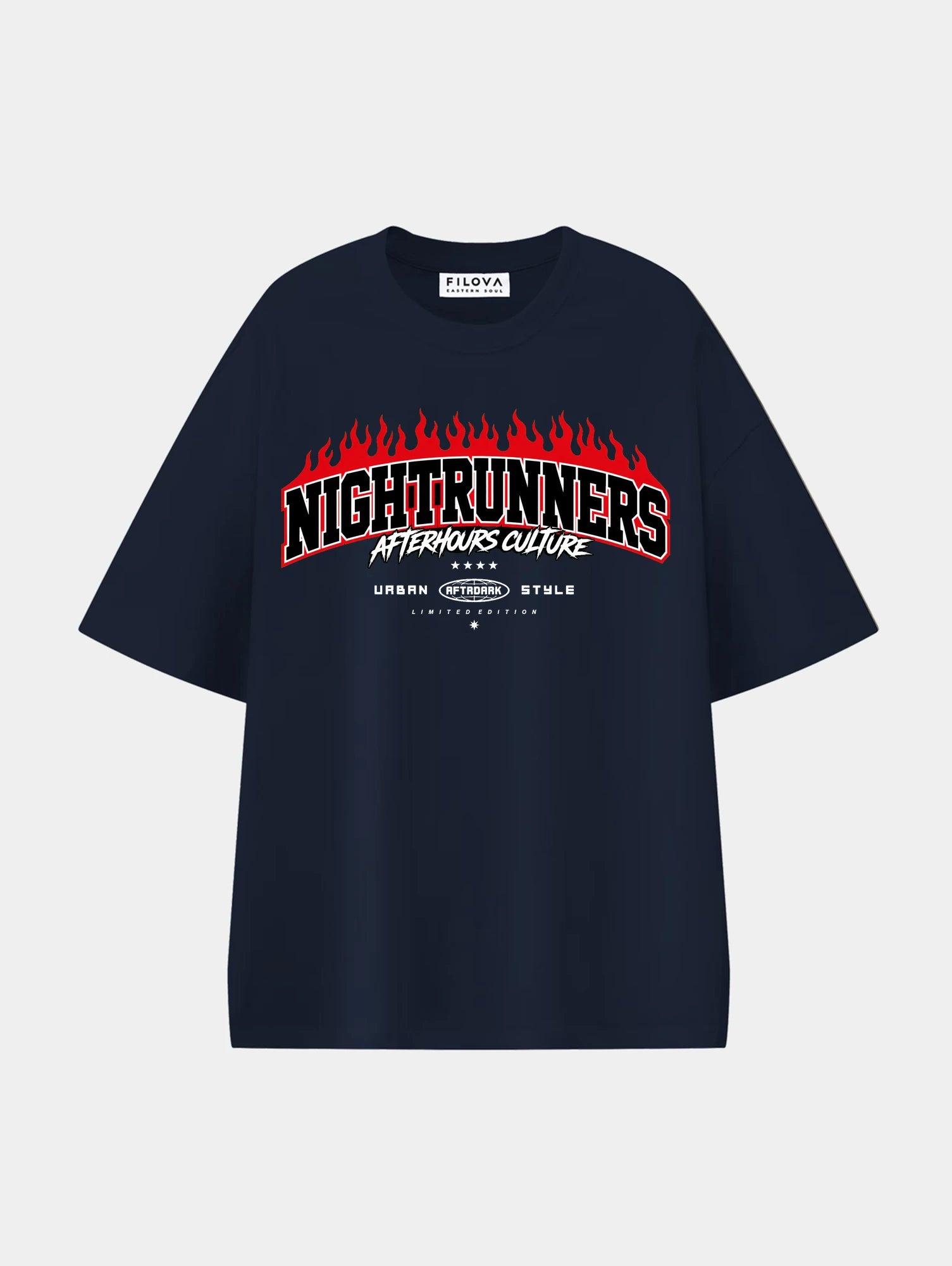 Nightrunners Navy Blue graphic T-shirt, front view