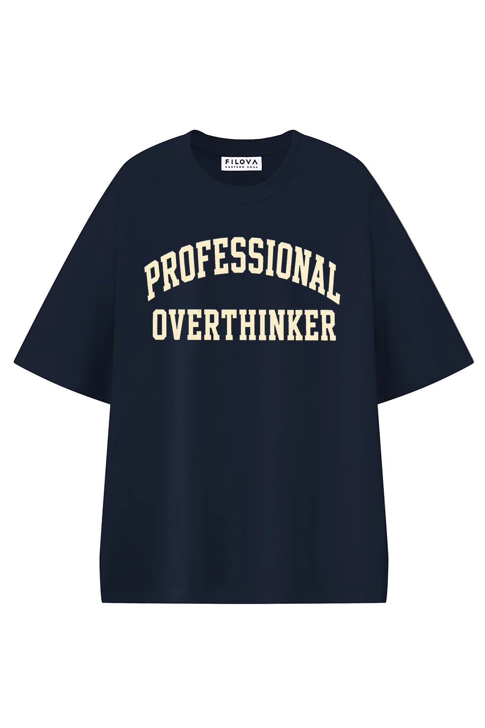 Professional Overthinker Navy Blue graphic T-shirt, front view