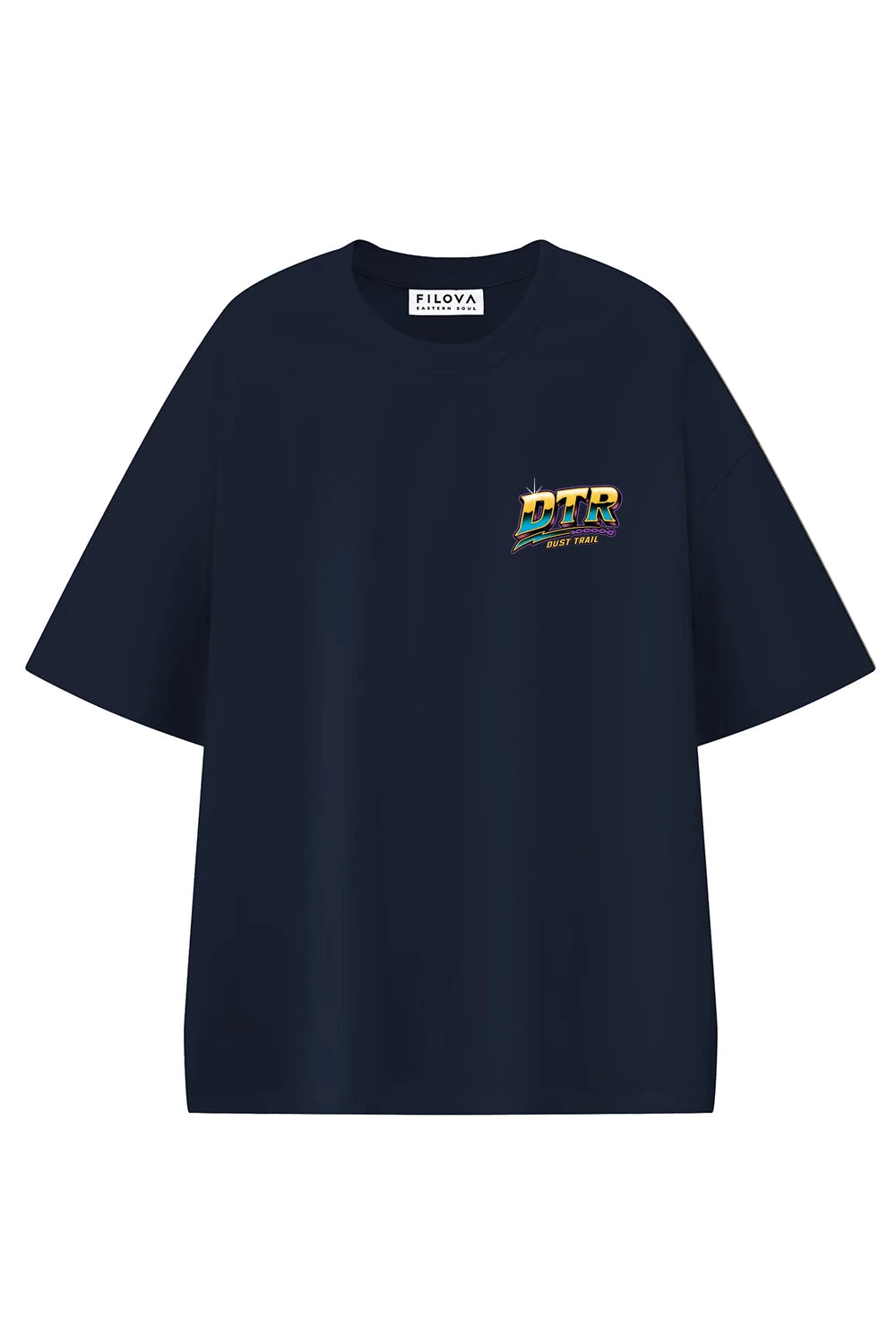 Dust Trail Riders Navy Blue graphic T-shirt, front view