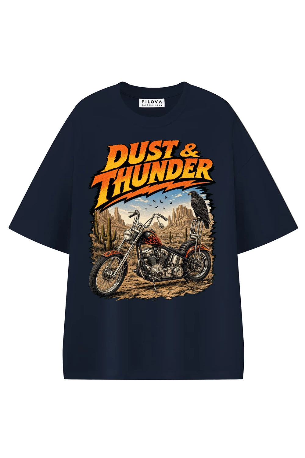 Dust And Thunder Navy Blue graphic T-shirt, front view