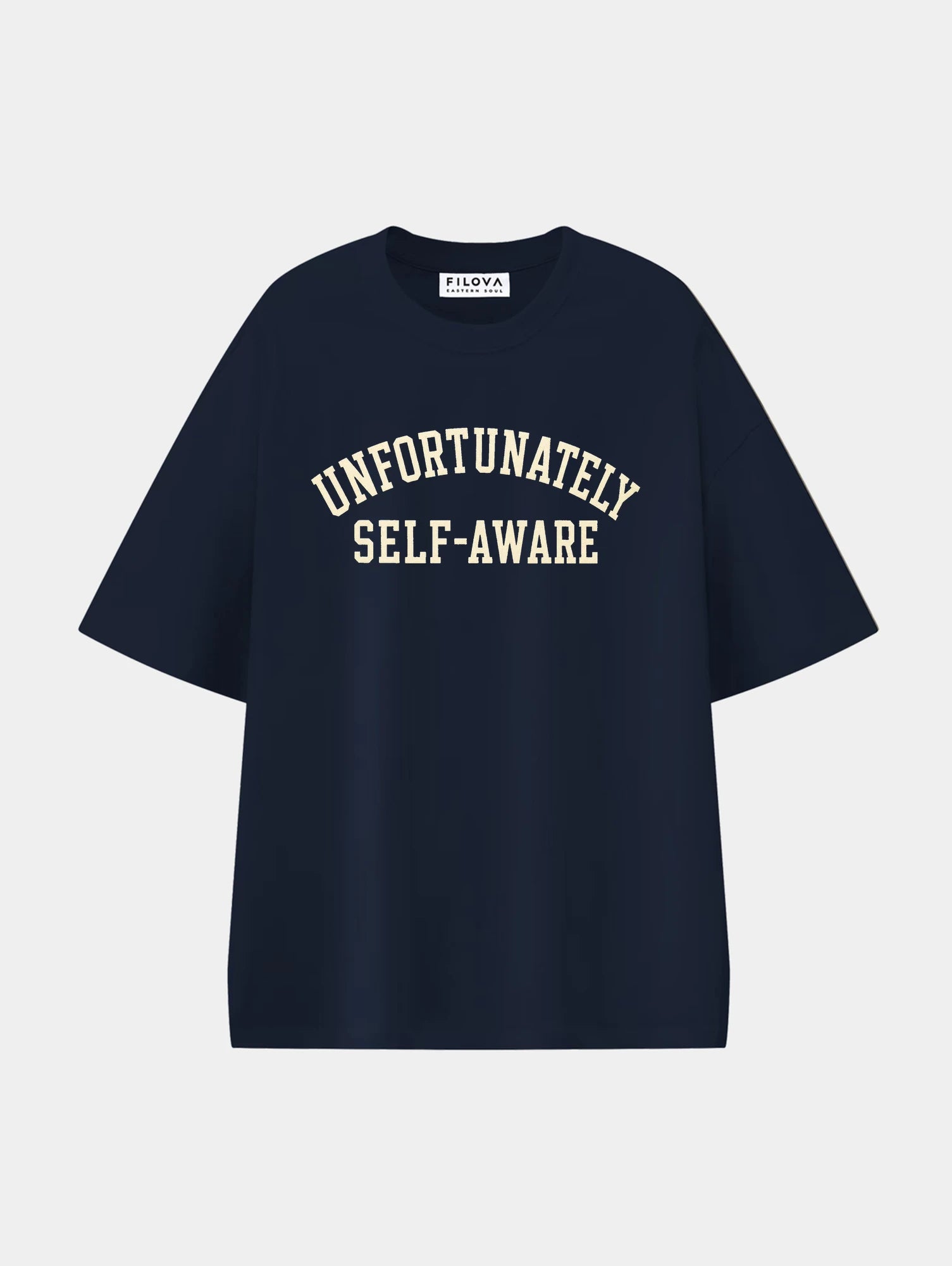 Unfortunately Self Aware Navy Blue graphic T-shirt, front view