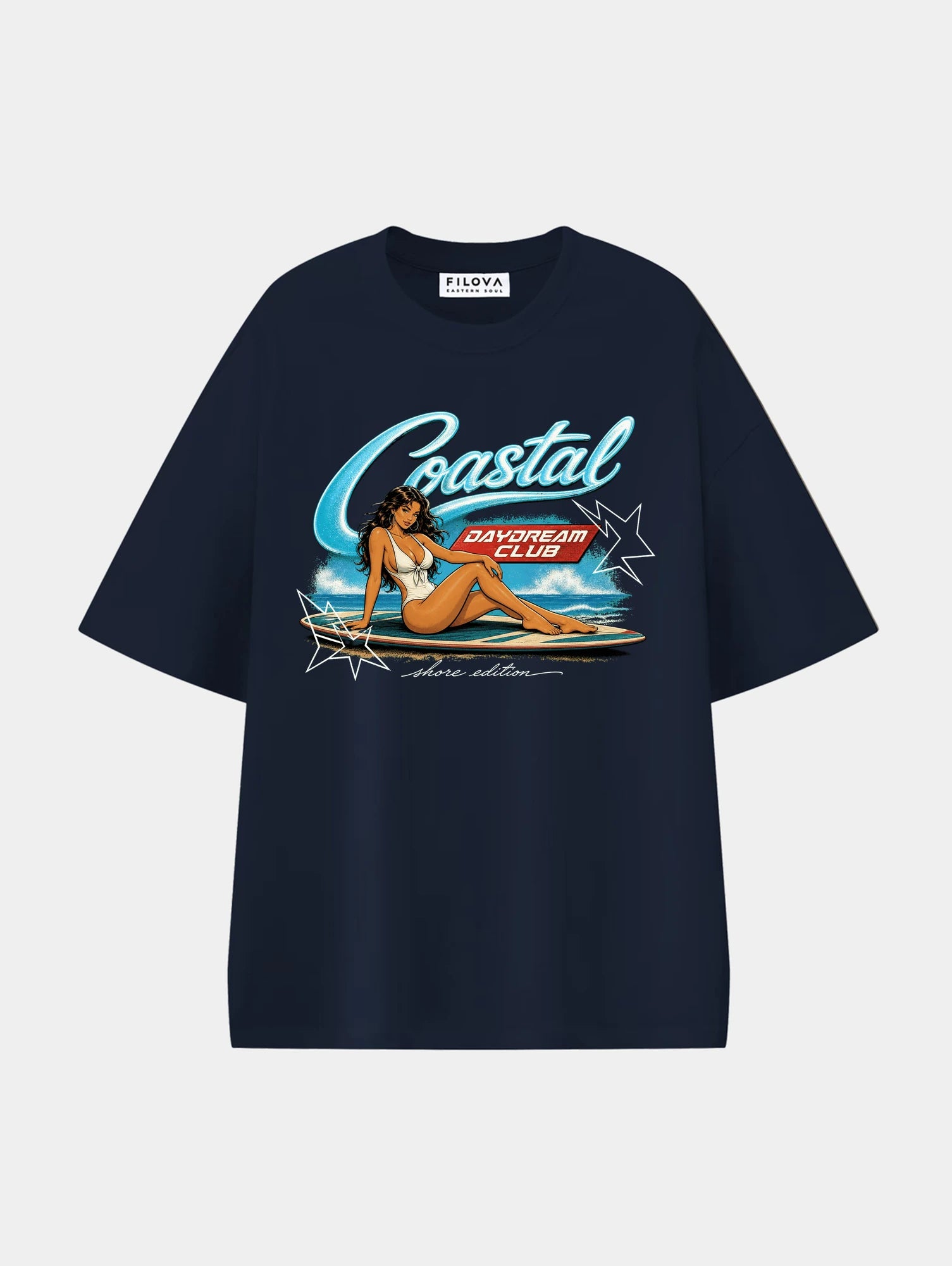 Coastal Daydream Navy Blue graphic T-shirt, front view