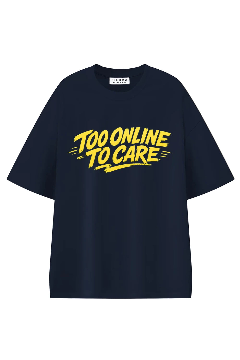 Too Online To Care Navy Blue graphic T-shirt, front view