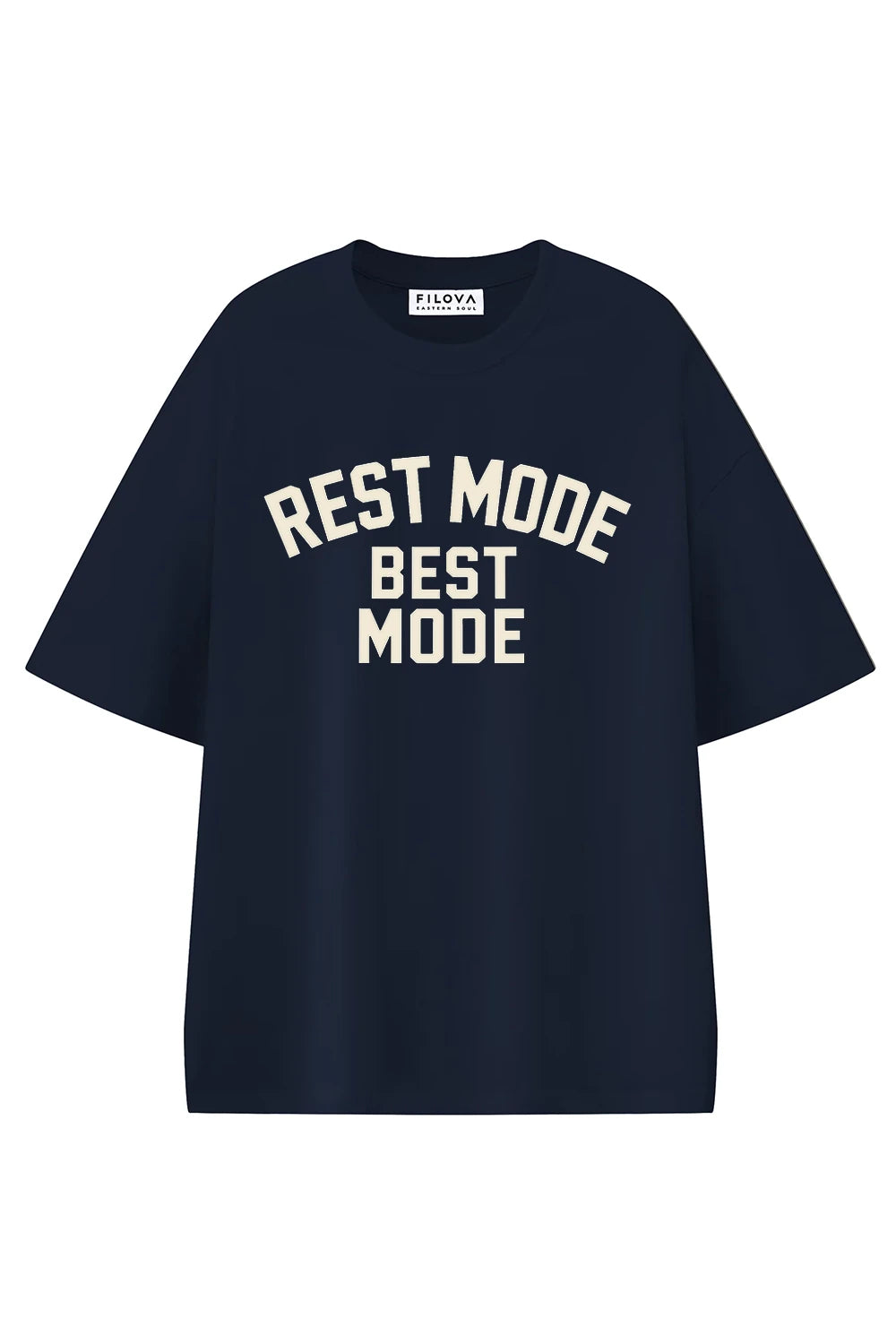 Rest Mode Best Mode Navy Blue graphic T-shirt, front view