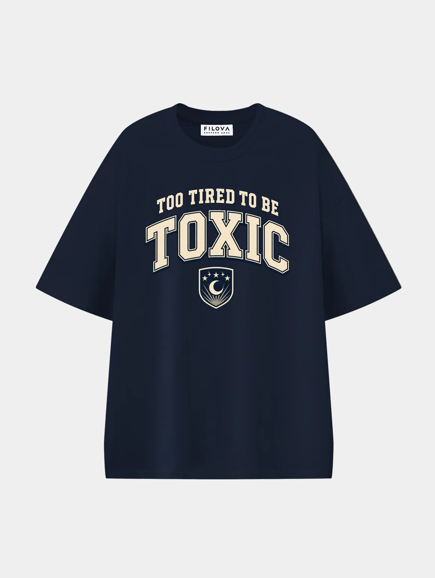 Too Tired To Be Toxic Navy Blue graphic T-shirt, front view