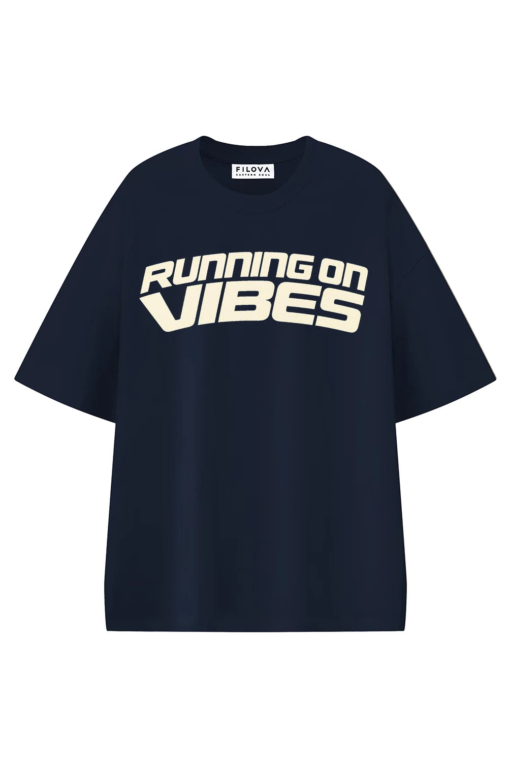 Running On Vibes Navy Blue graphic T-shirt, front view
