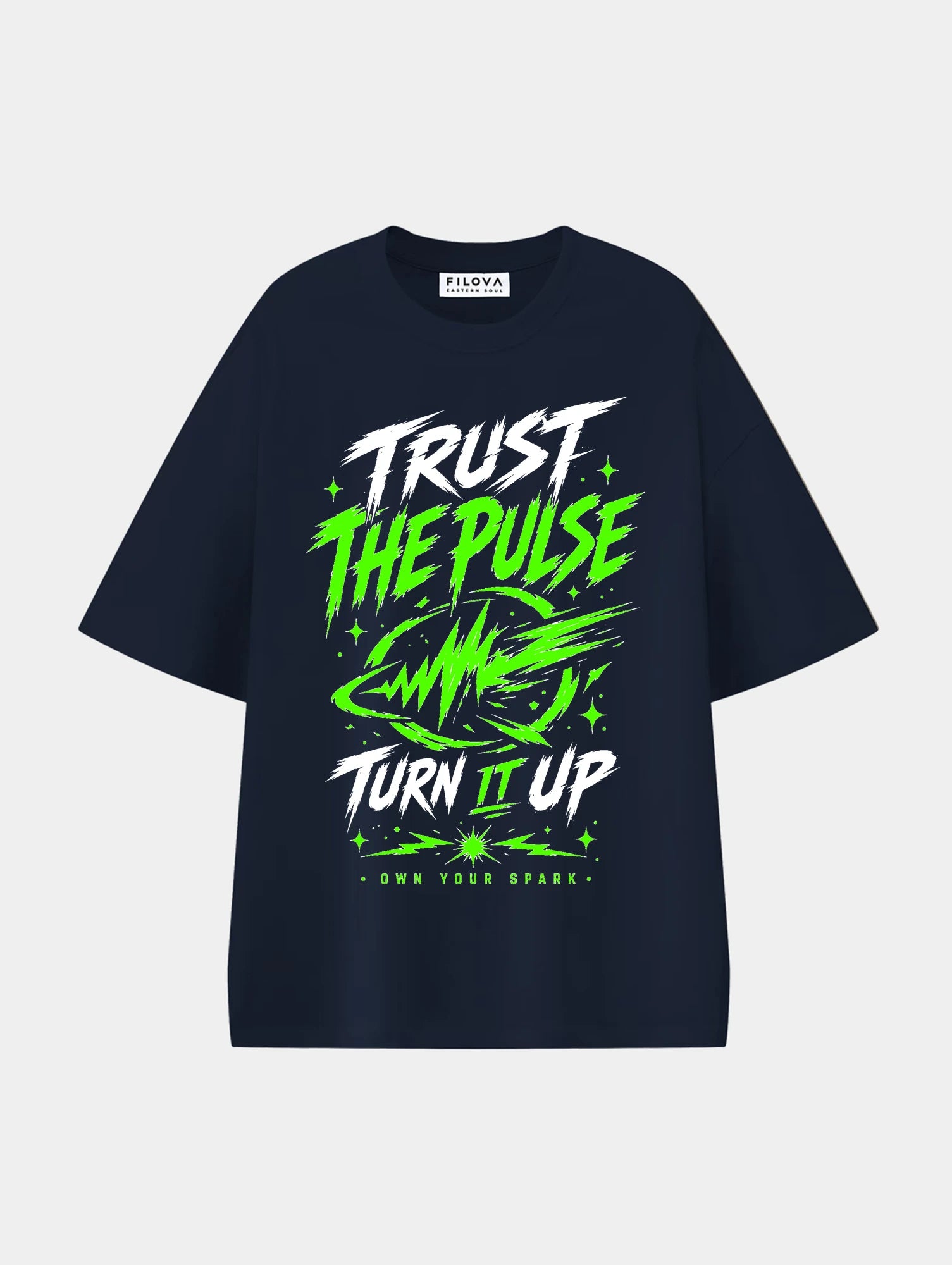 Trust The Pulse Navy Blue graphic T-shirt, front view