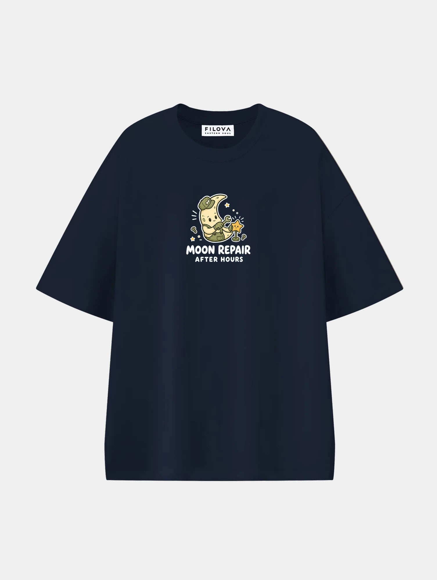 Moon Repair Navy Blue graphic T-shirt, front view