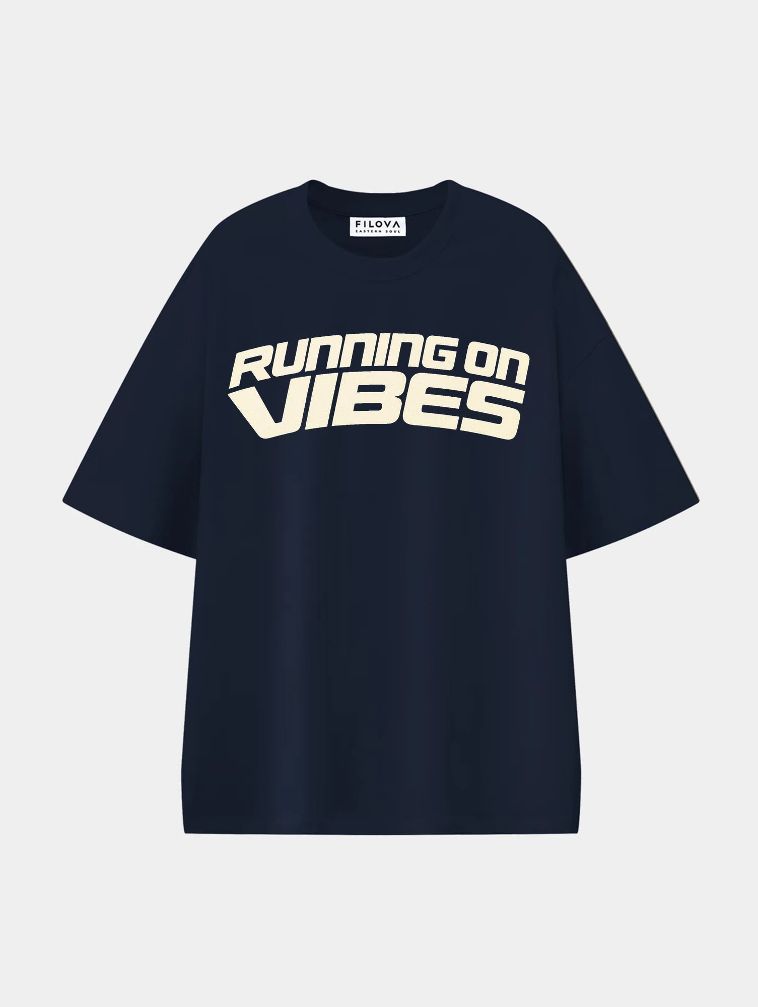 Running On Vibes Navy Blue graphic T-shirt, front view