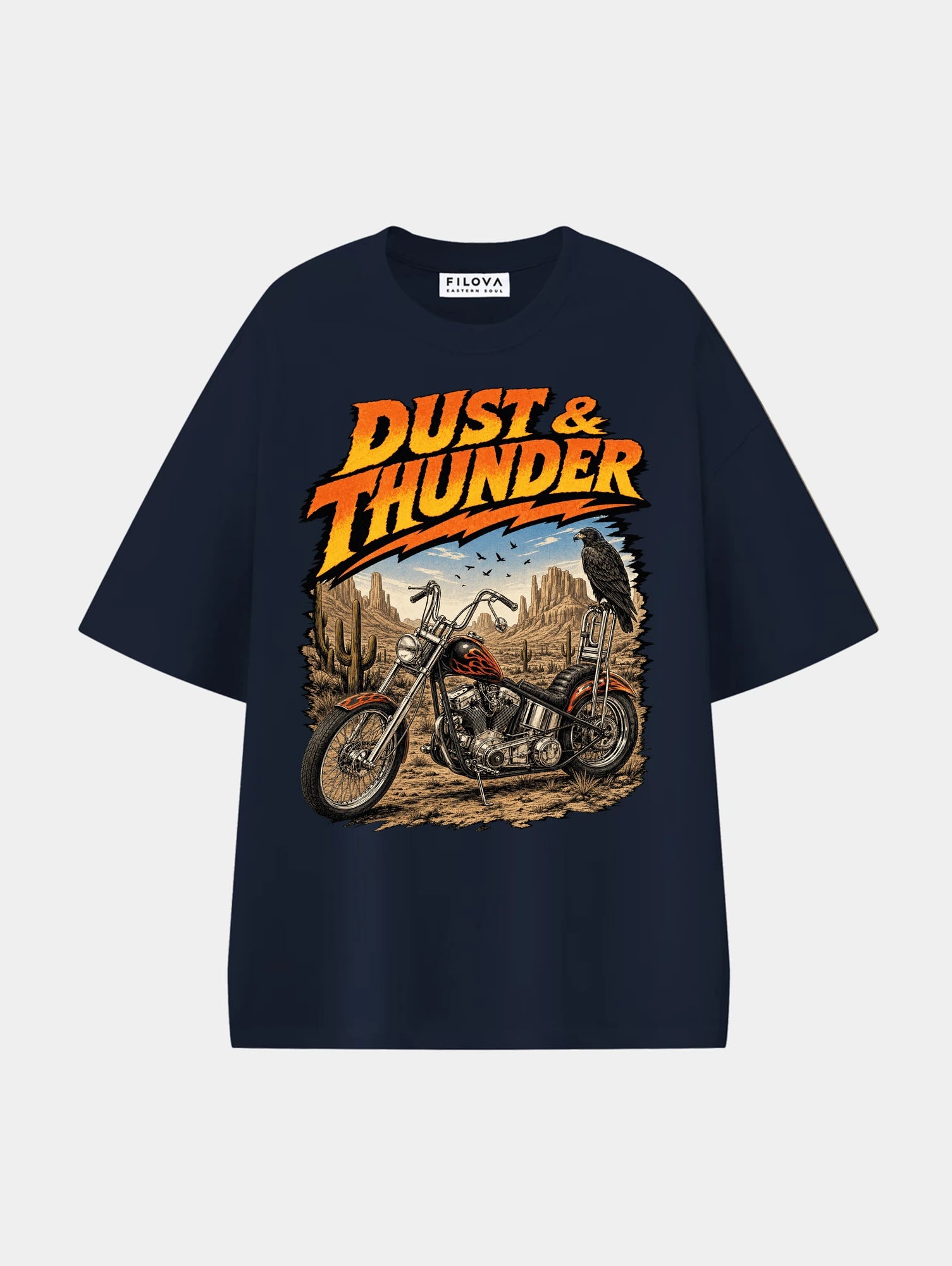 Dust And Thunder Navy Blue graphic T-shirt, front view