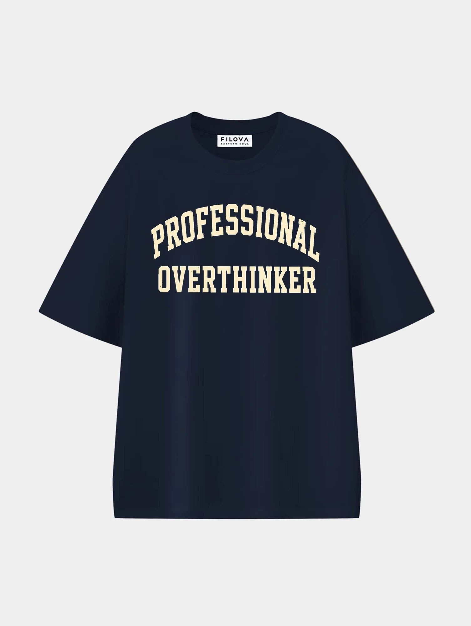 Professional Overthinker Navy Blue graphic T-shirt, front view