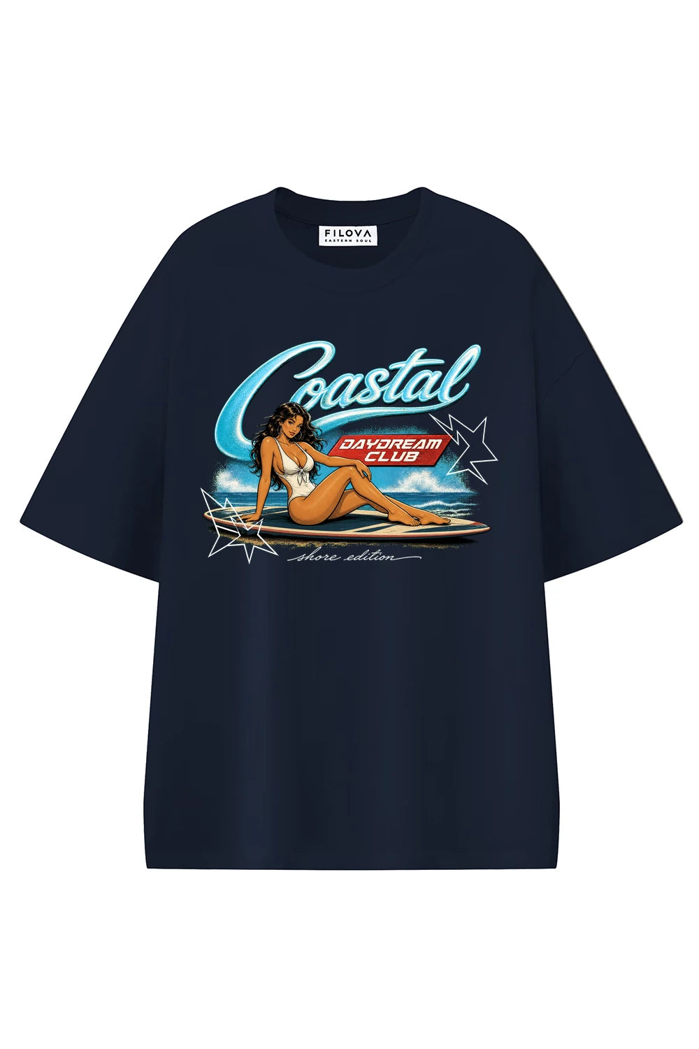 Coastal Daydream Navy Blue graphic T-shirt, front view