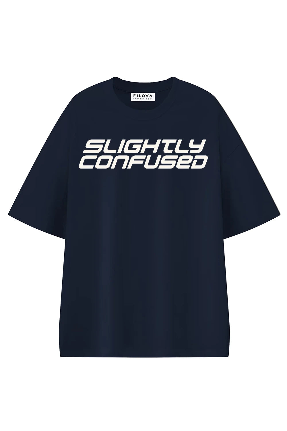 Slightly Confused Navy Blue graphic T-shirt, front view