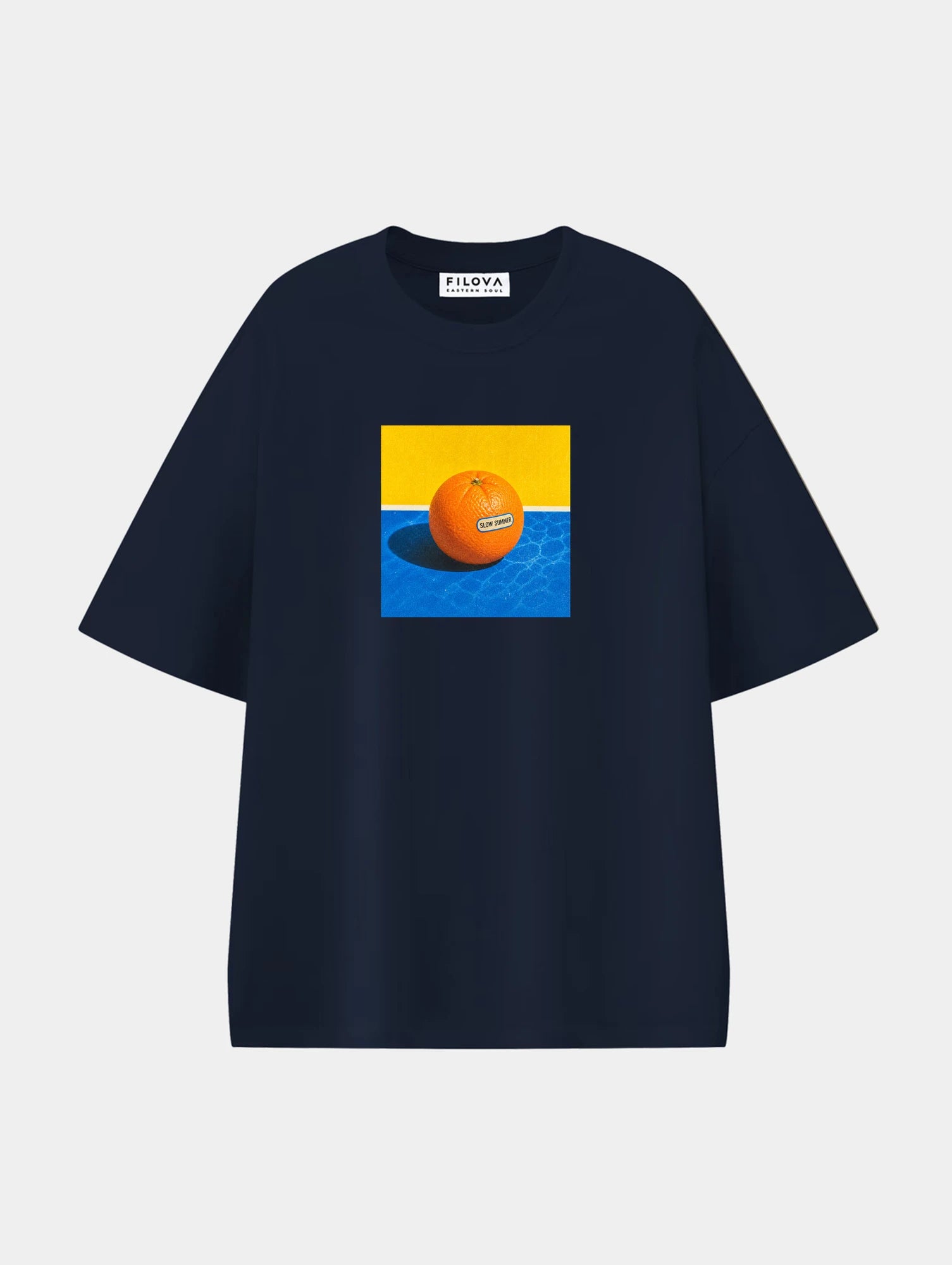 Poolside Orange Navy Blue graphic T-shirt, front view
