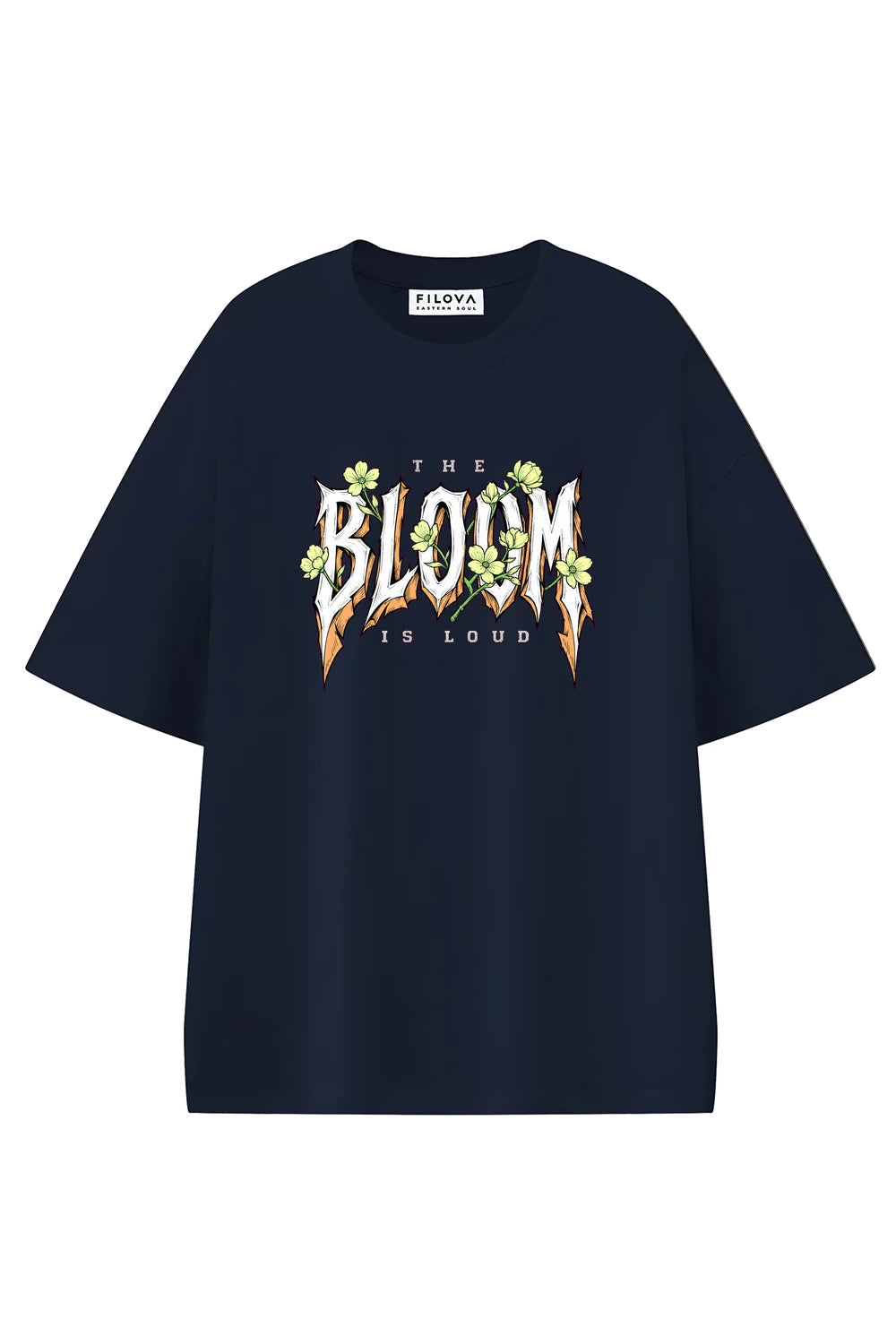 Bloom Is Loud Navy Blue graphic T-shirt, front view