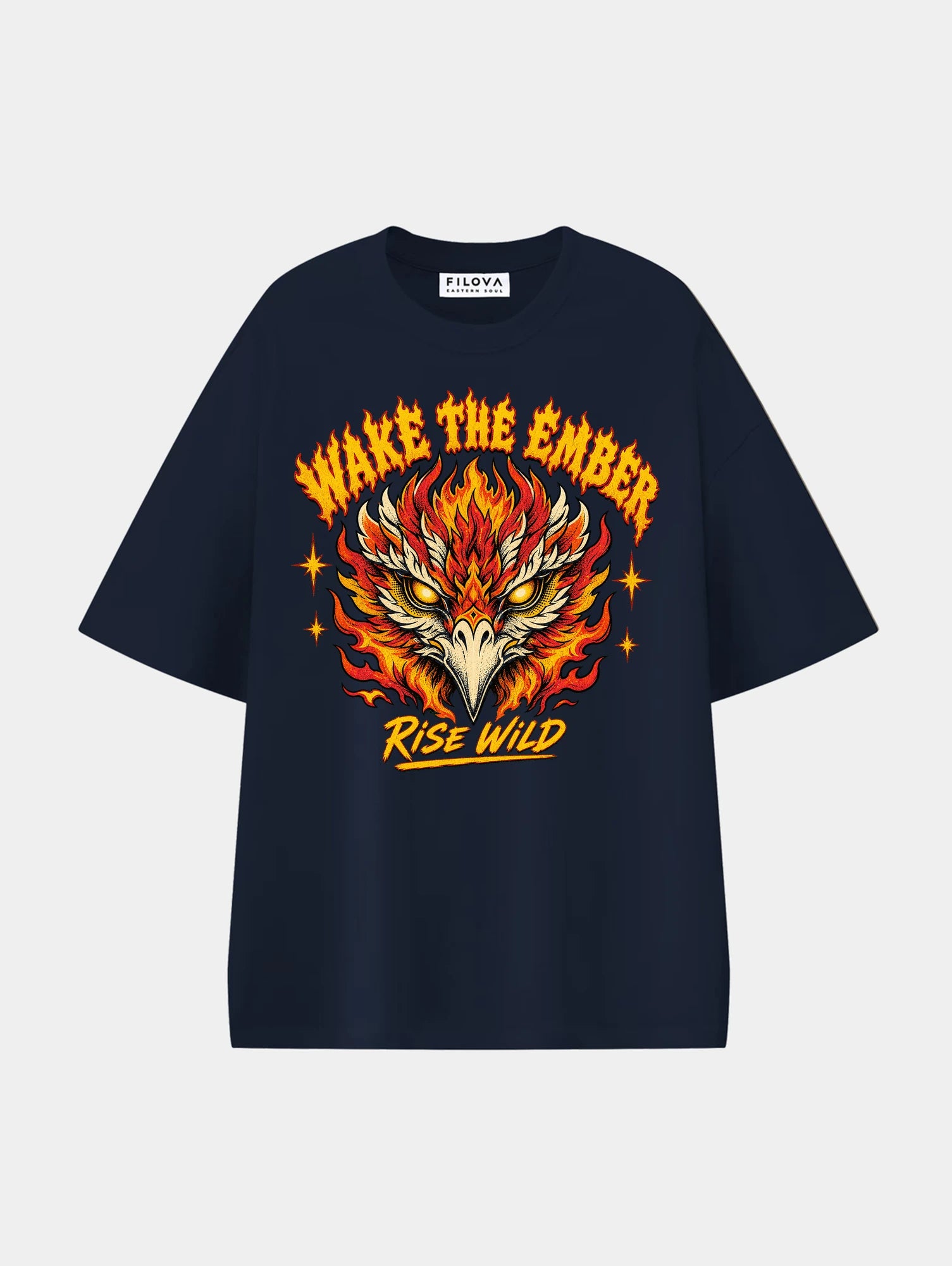 Wake The Ember Navy Blue graphic T-shirt, front view