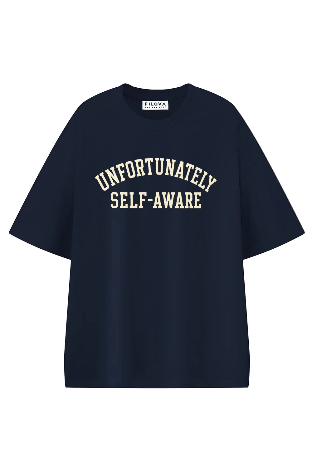Unfortunately Self Aware Navy Blue graphic T-shirt, front view