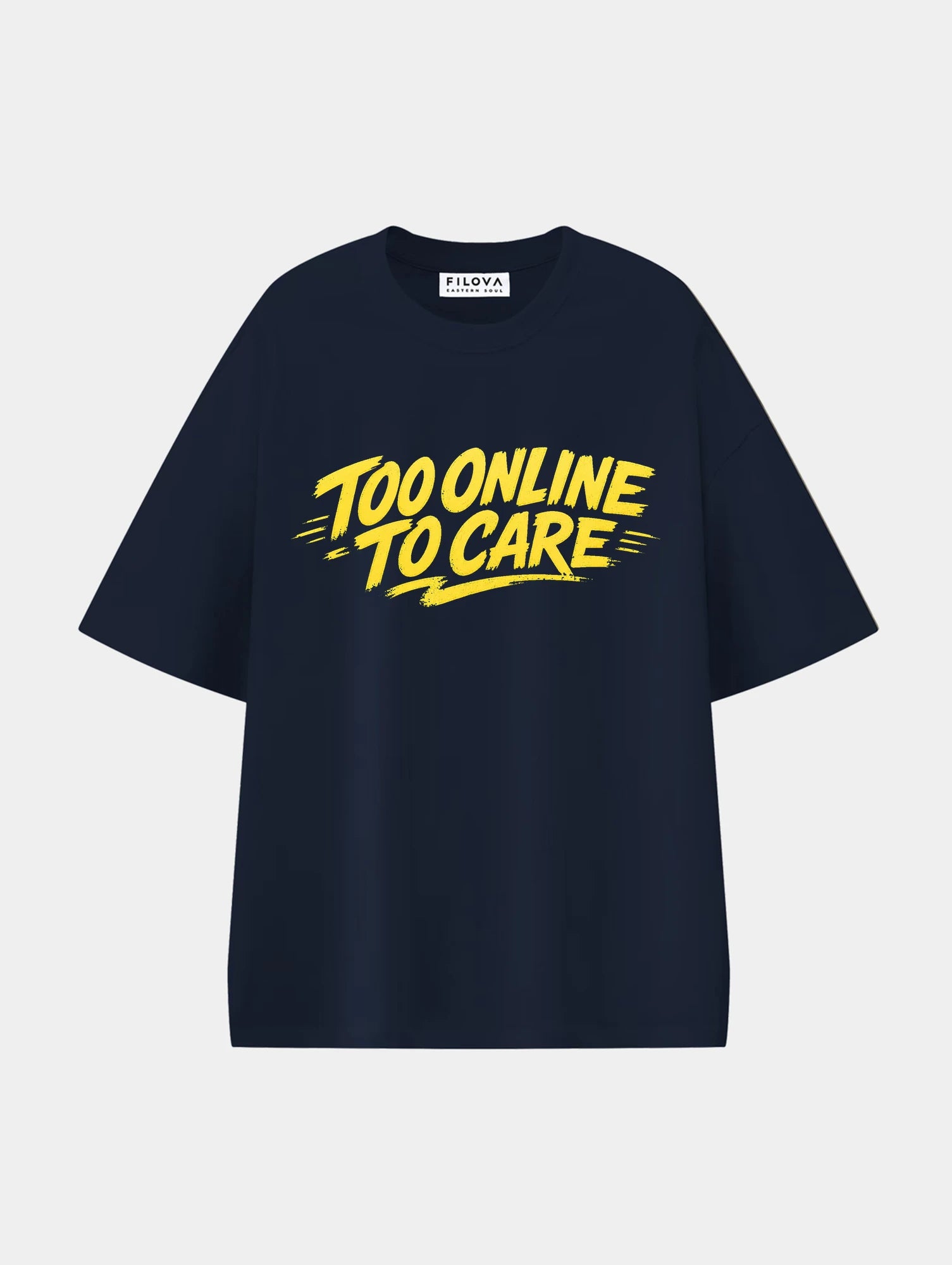 Too Online To Care Navy Blue graphic T-shirt, front view