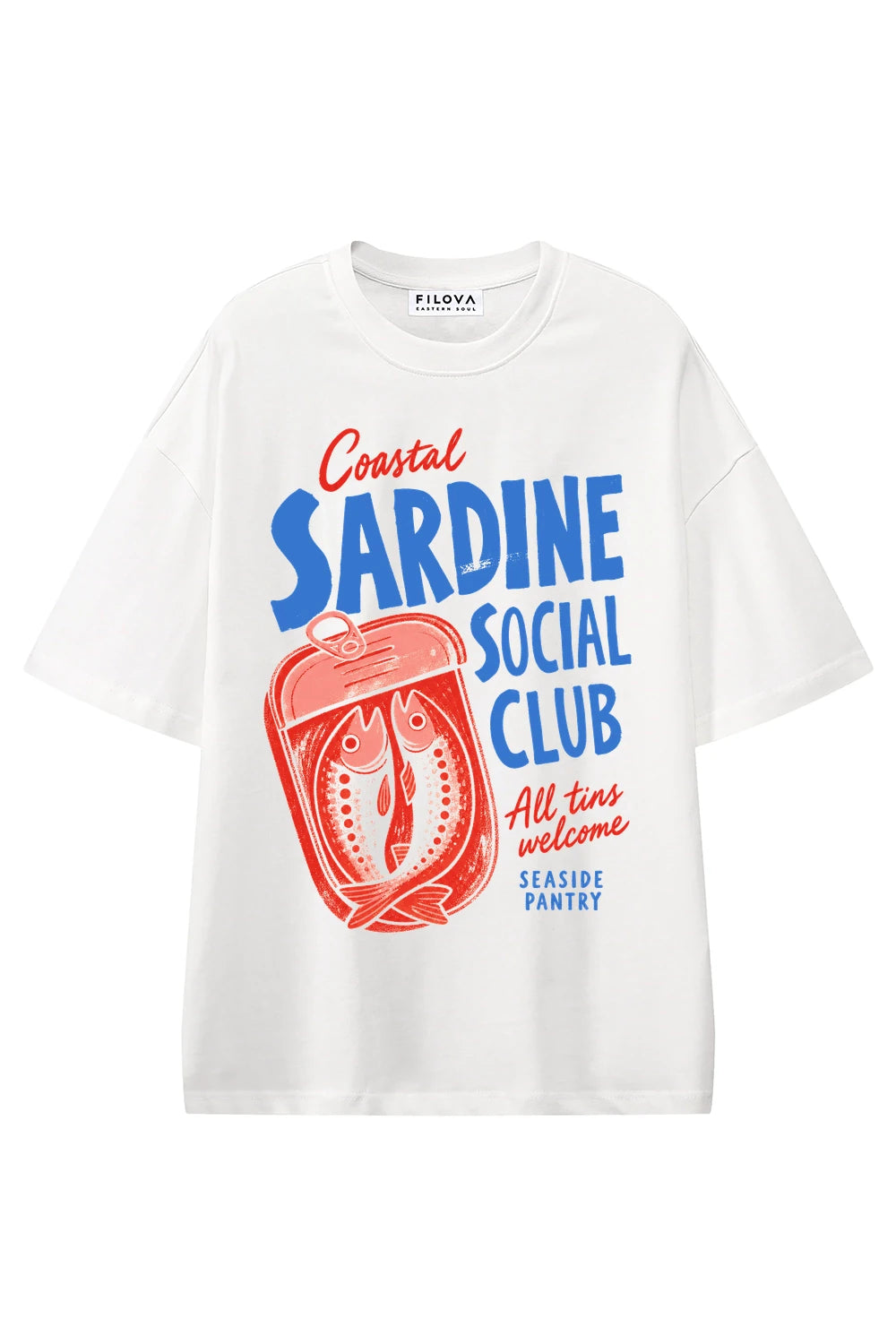 Coastal Sardine Social Club White graphic T-shirt, front view