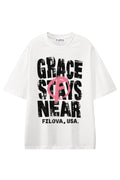 Grace Stays Near White graphic T-shirt, front view