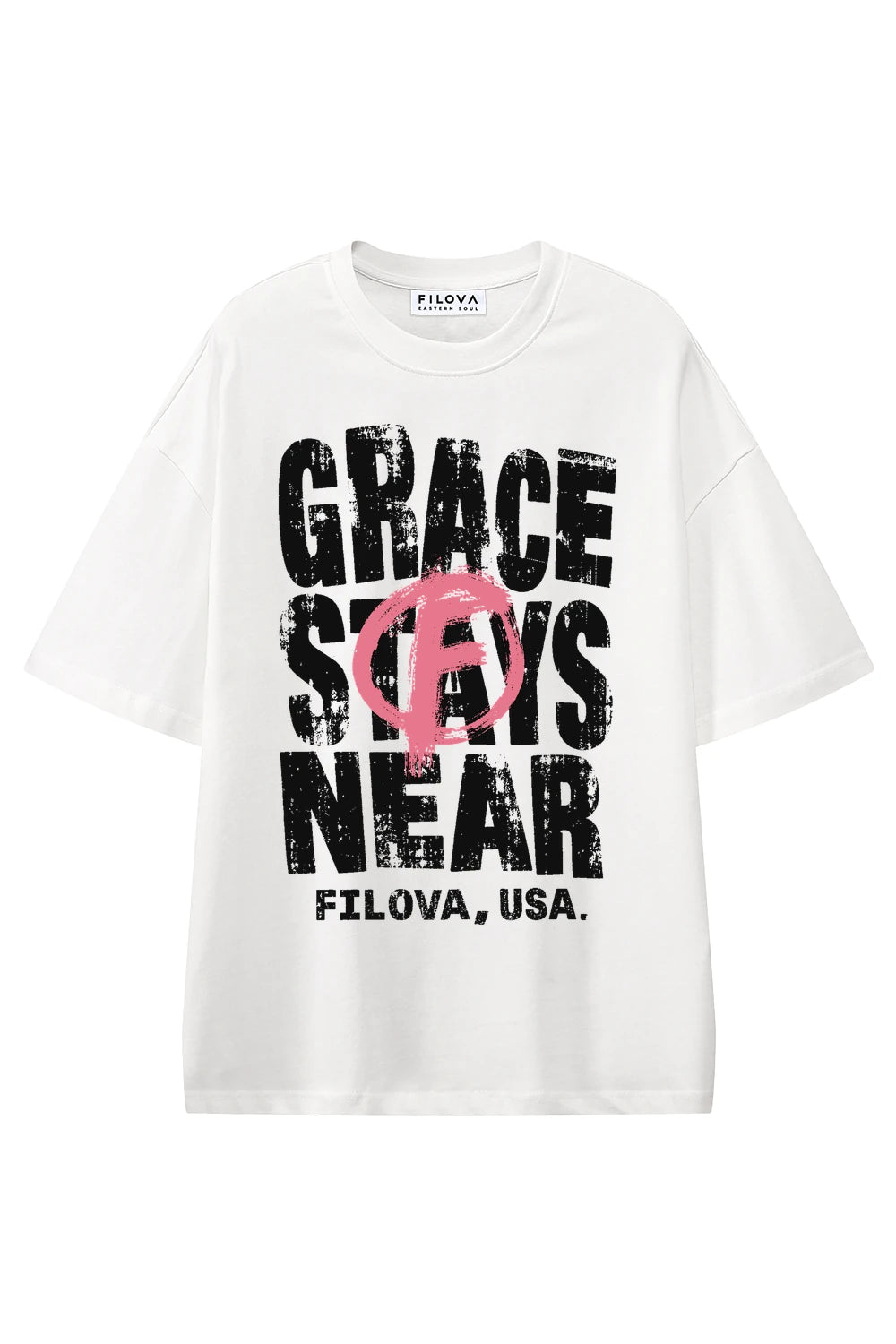 Grace Stays Near White graphic T-shirt, front view