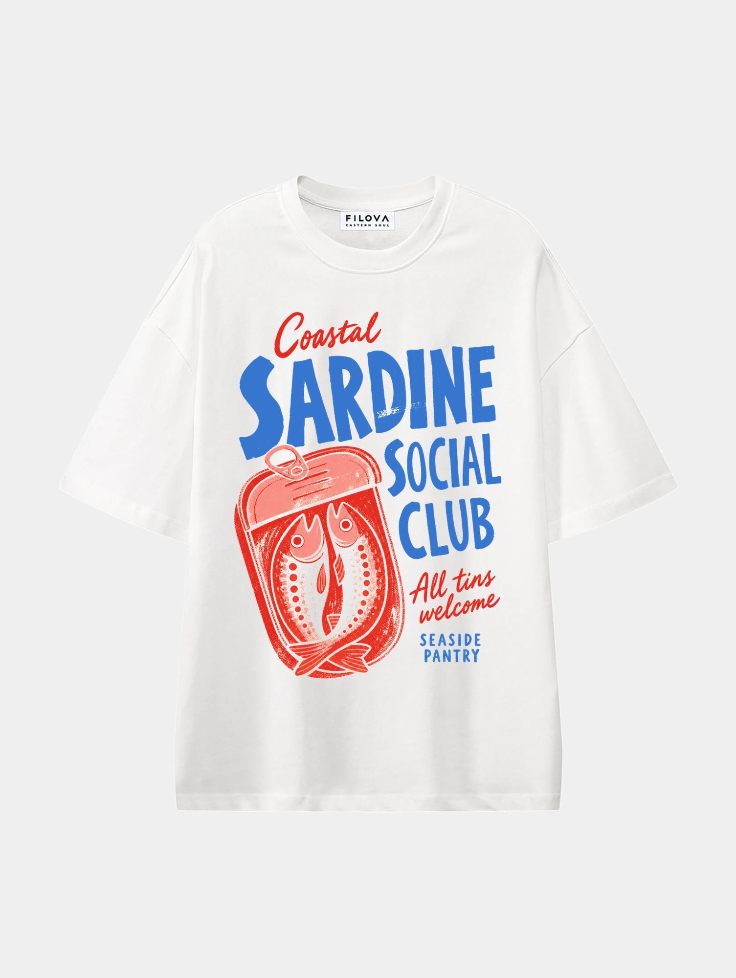 Coastal Sardine Social Club White graphic T-shirt, front view
