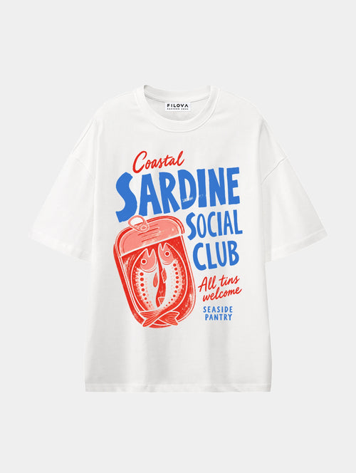 Coastal Sardine Social Club White graphic T-shirt, front view