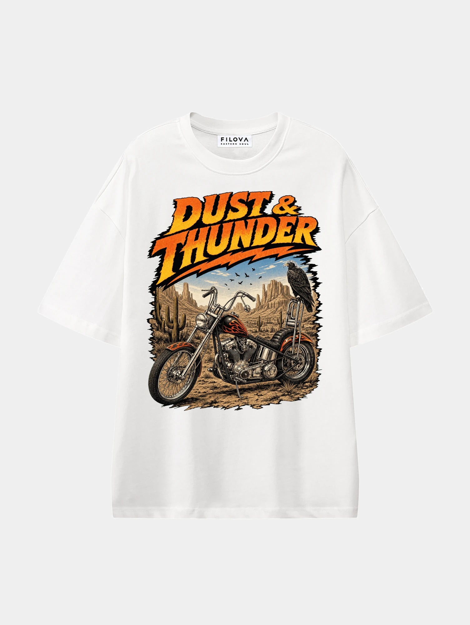 Dust And Thunder White graphic T-shirt, front view