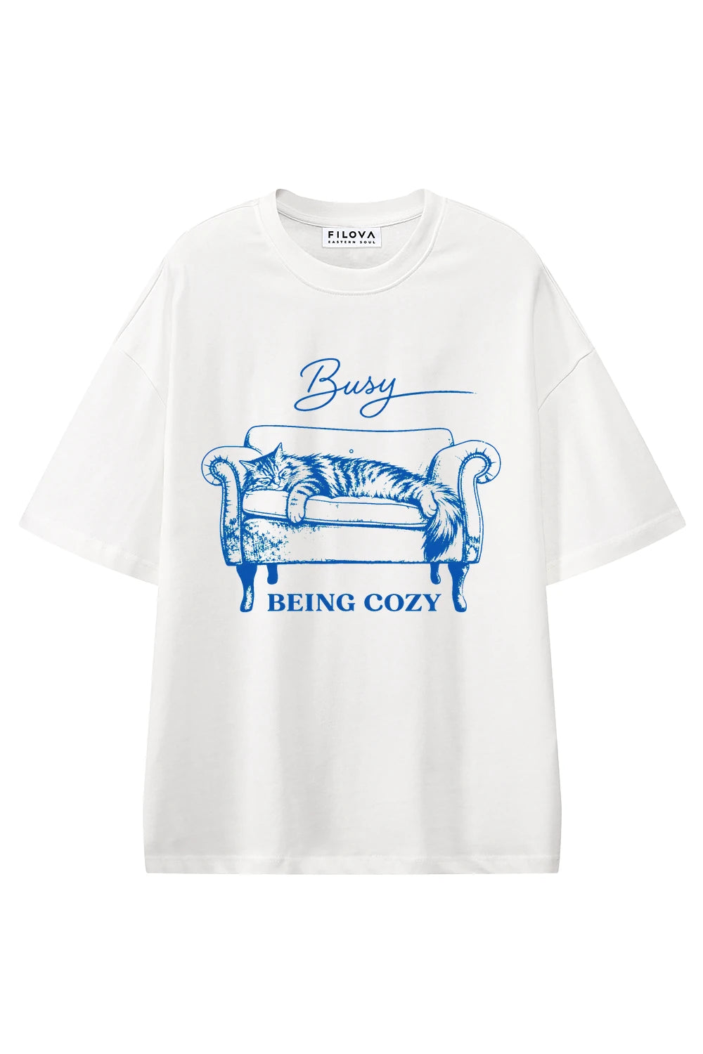 Busy Being Cozy White graphic T-shirt, front view