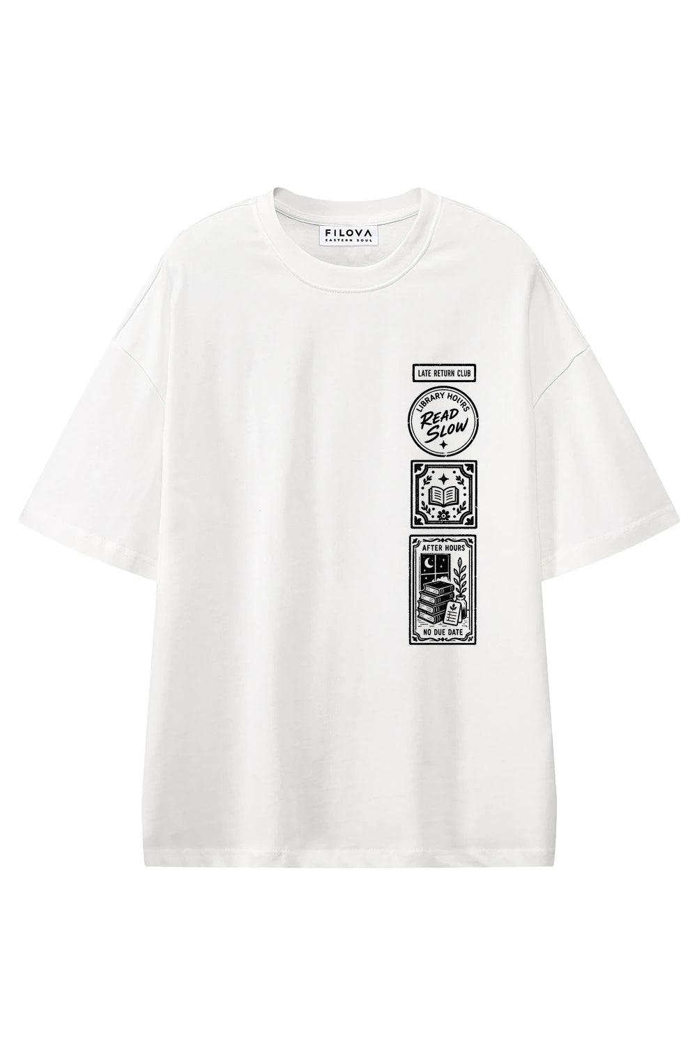 Late Return Club White graphic T-shirt, front view