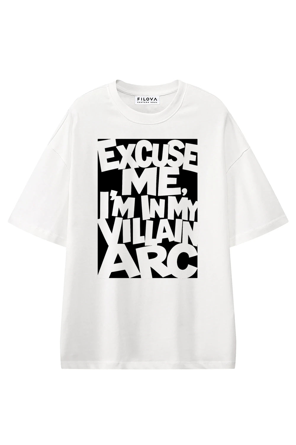 Excuse Me Im In My Villain Arc White graphic T-shirt, front view