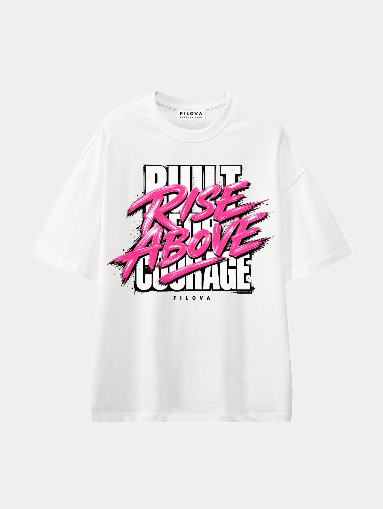 Rise Above Courage White graphic T-shirt, front view