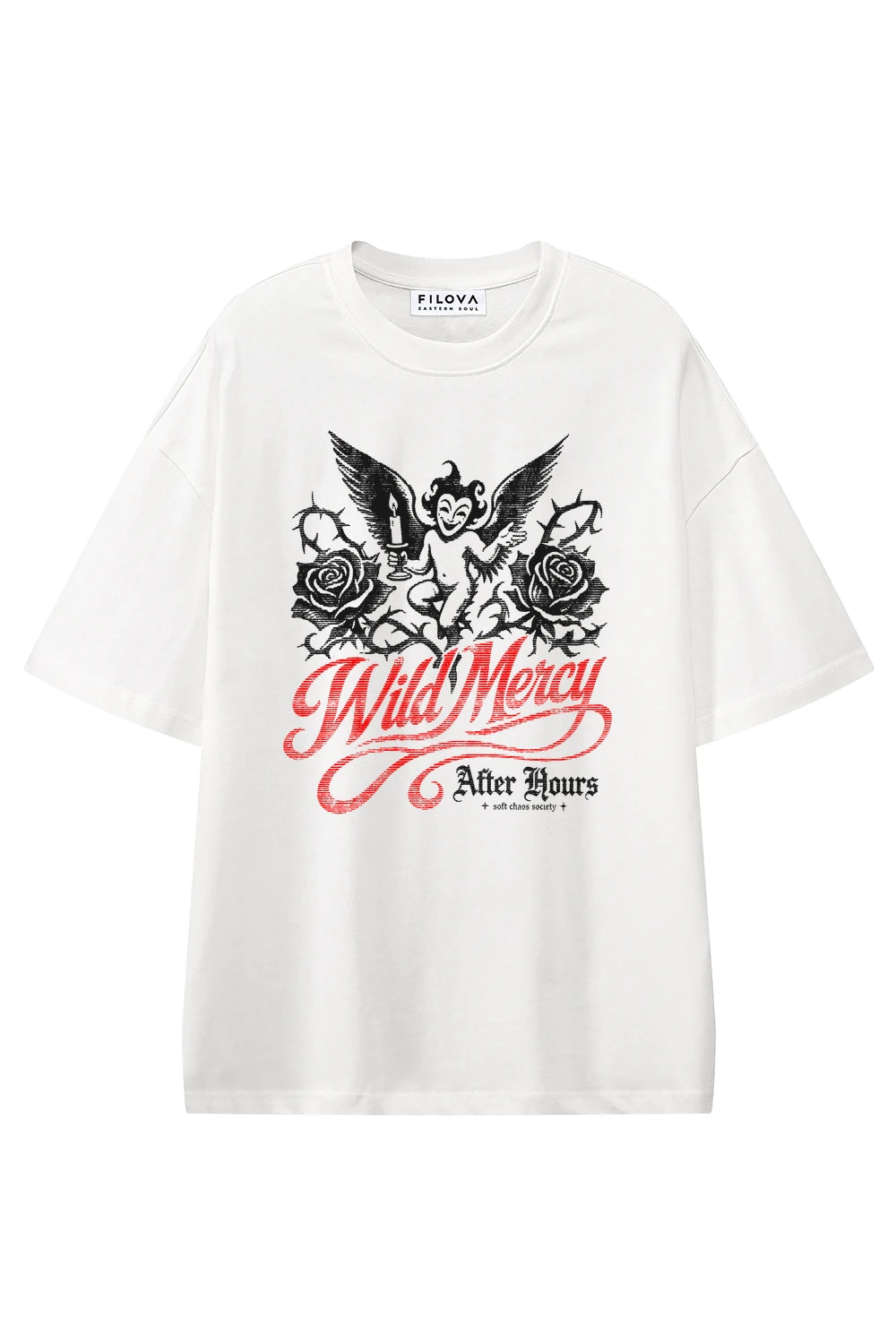 Wild Mercy White graphic T-shirt, front view