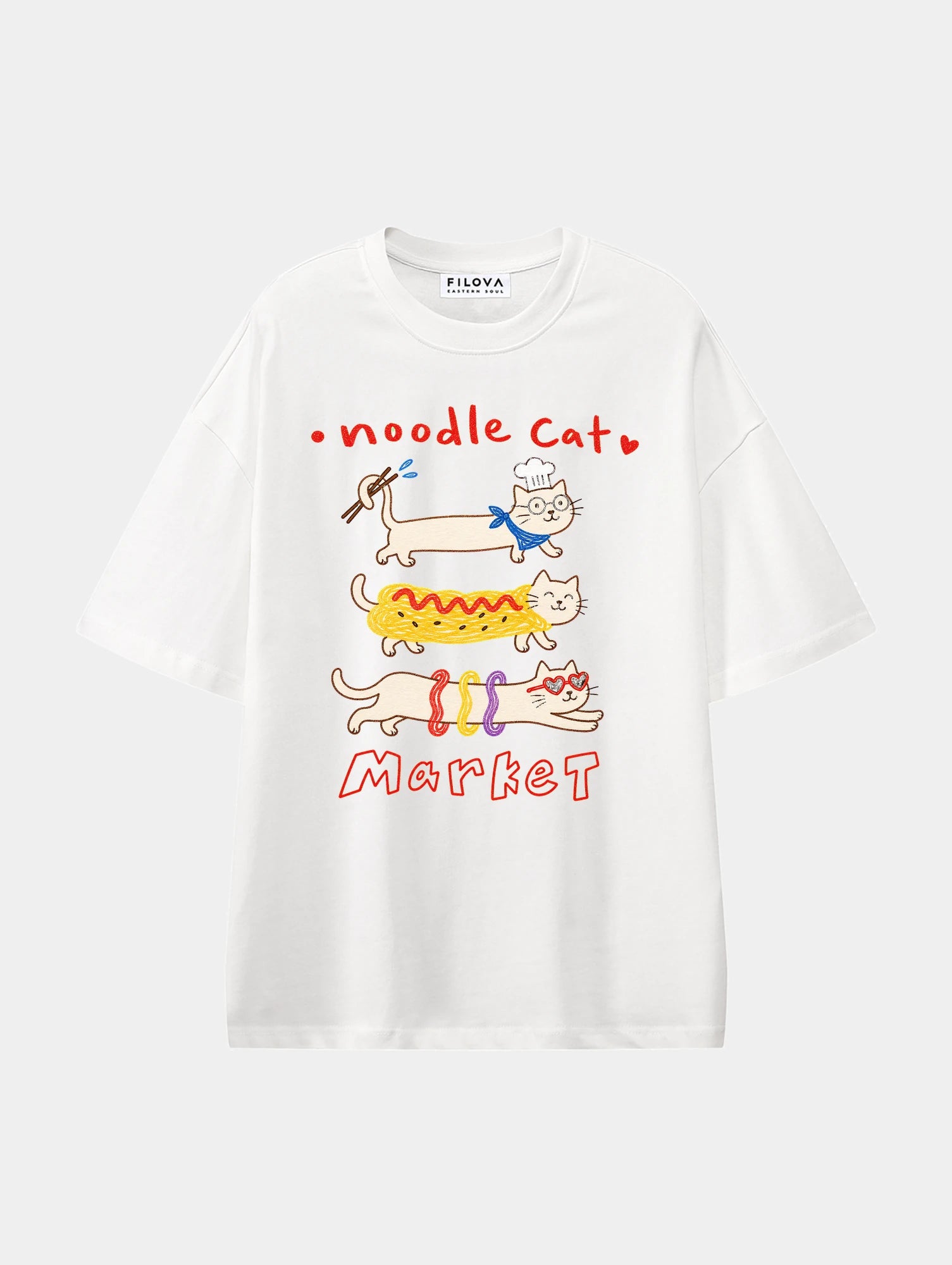 Noodle Cat Market White graphic T-shirt, front view