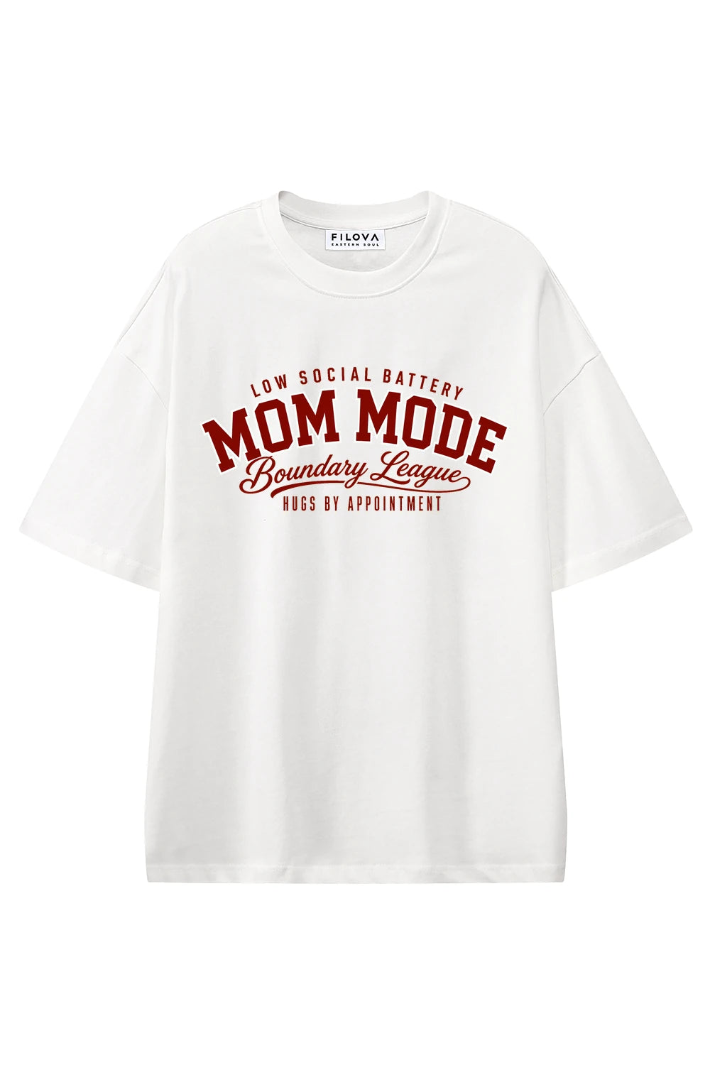 Mom Mode Boundary League White graphic T-shirt, front view