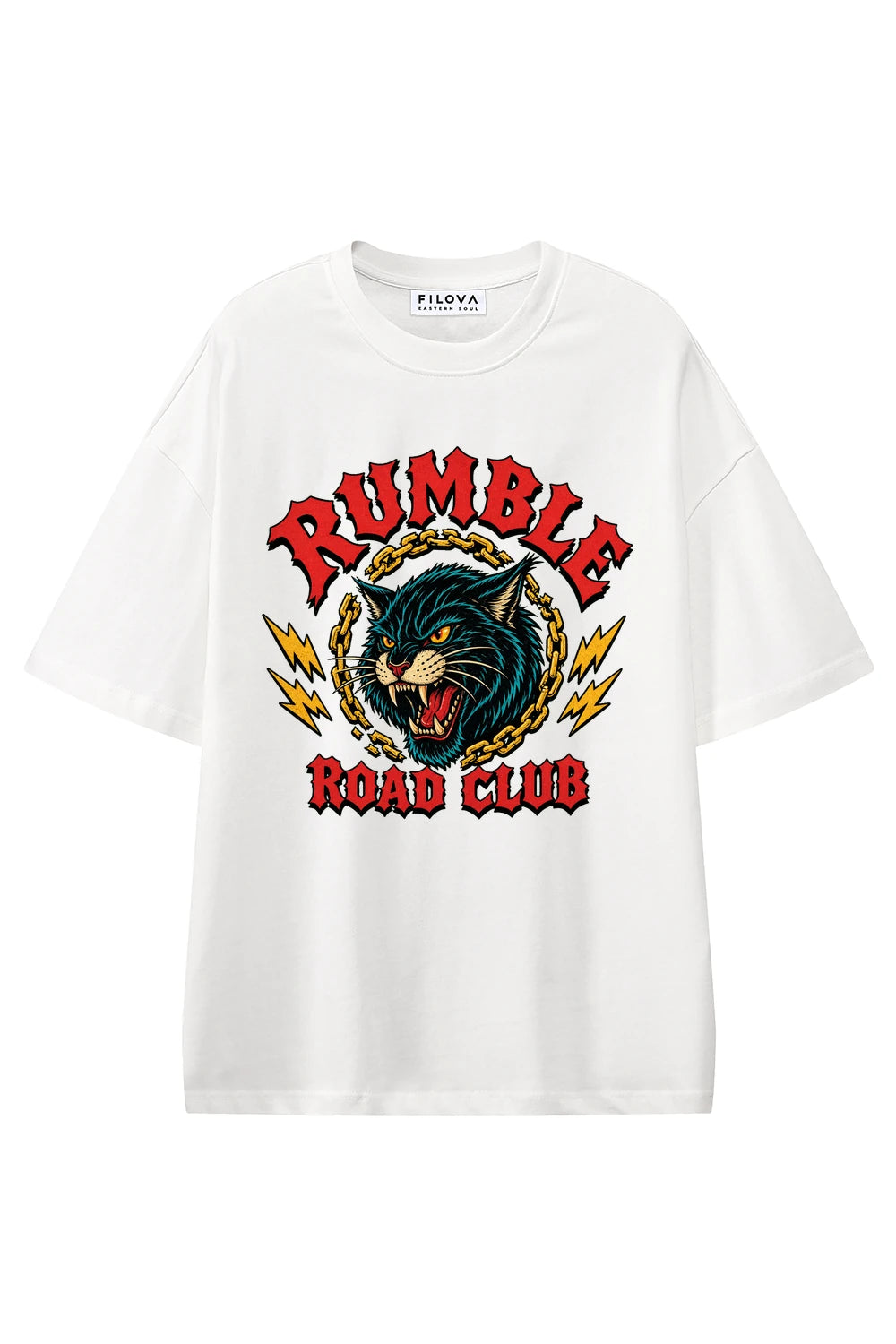 Rumble Road Club White graphic T-shirt, front view