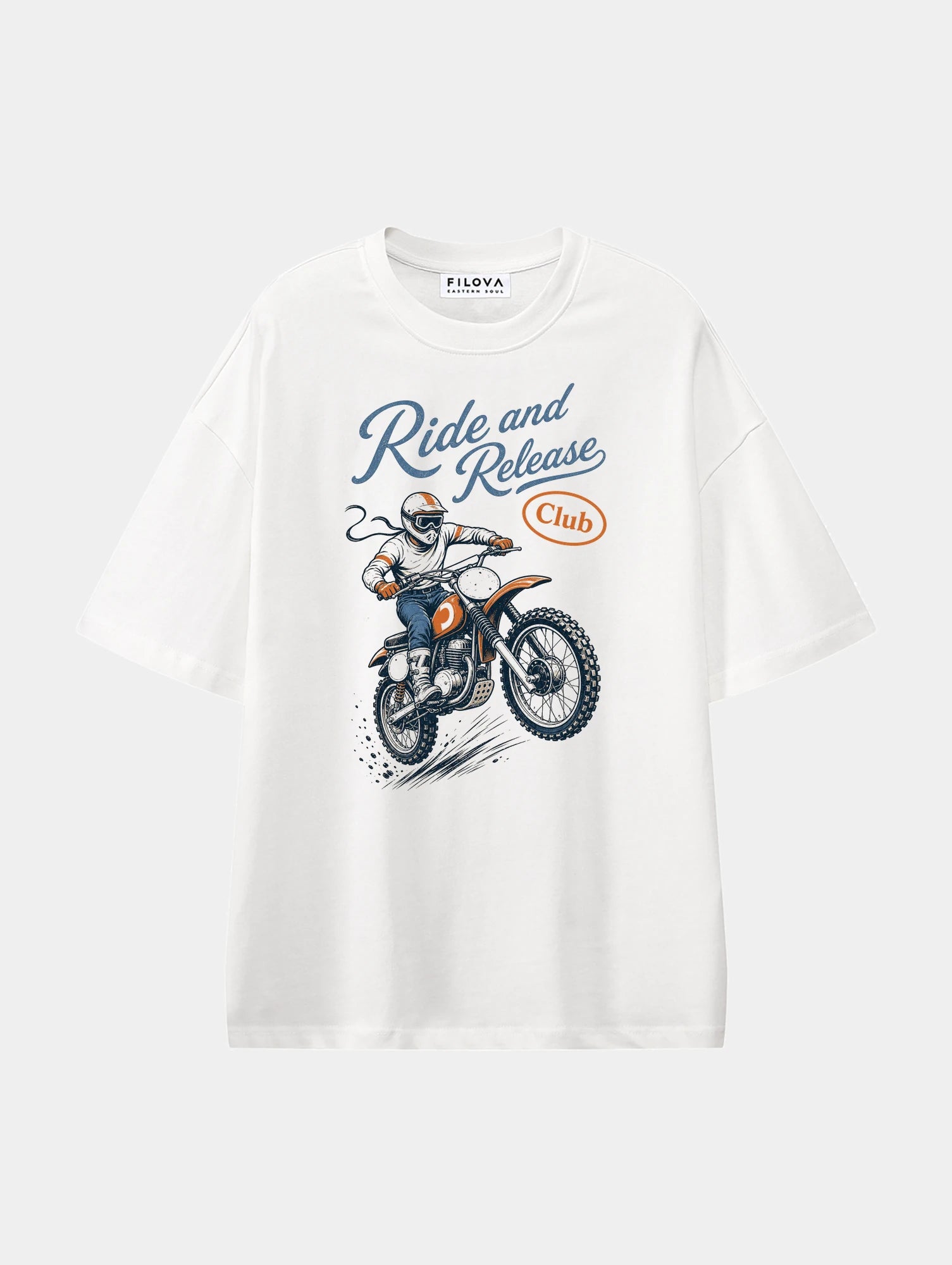 Ride And Release Club White graphic T-shirt, front view