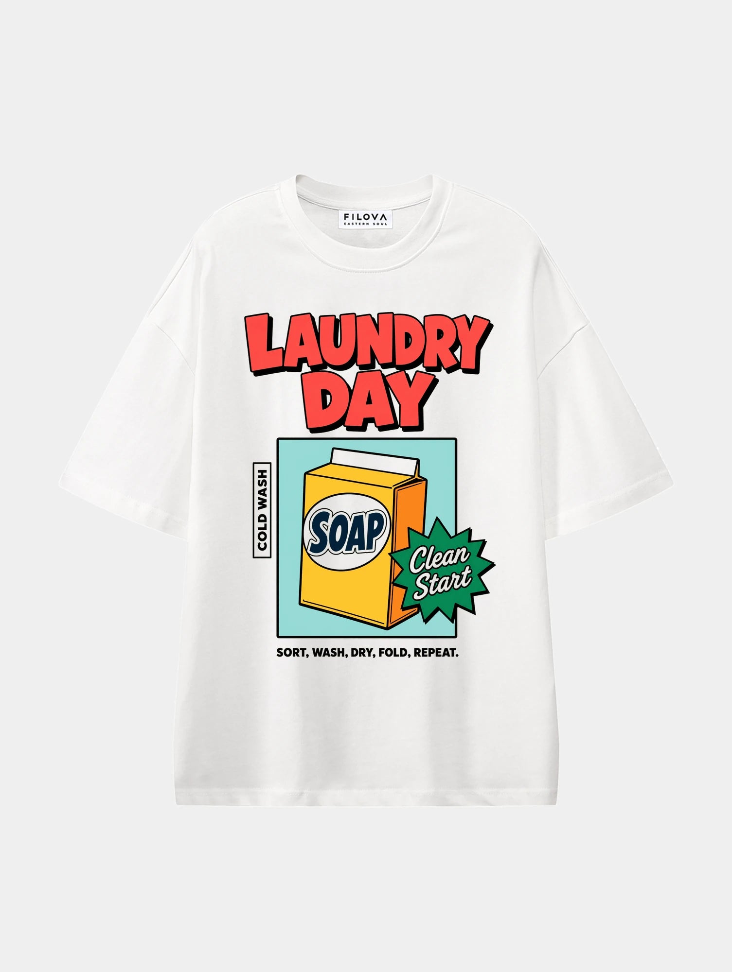 Laundry Day White graphic T-shirt, front view