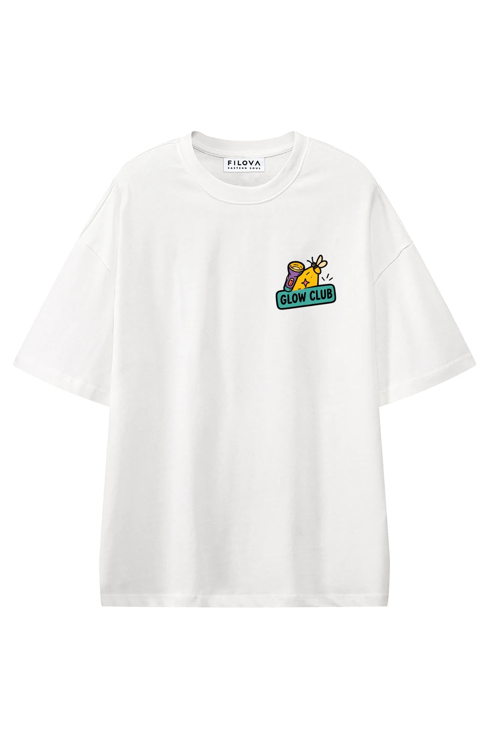 Night Glow Club White graphic T-shirt, front view