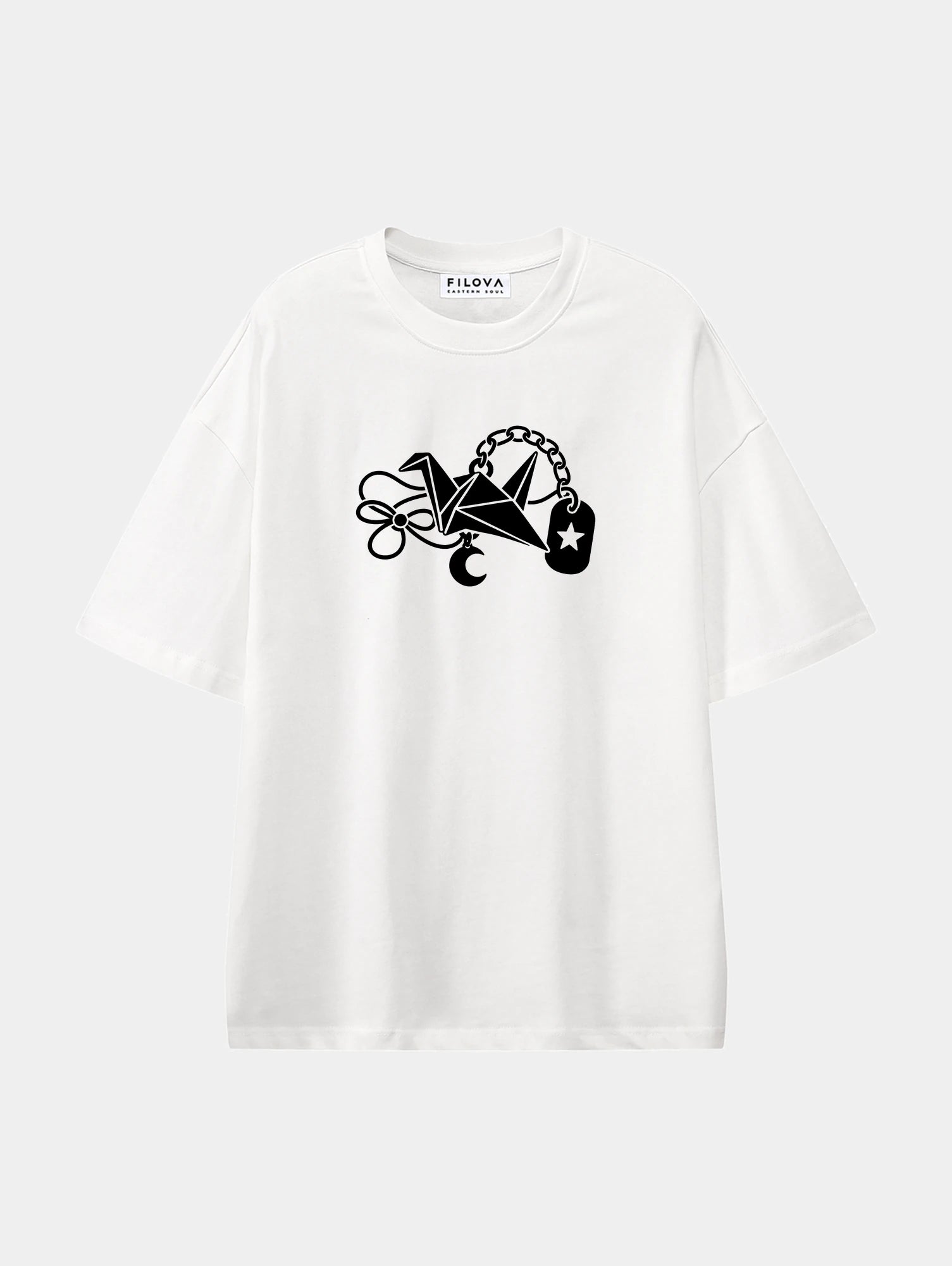 Lucky Crane Charm White graphic T-shirt, front view